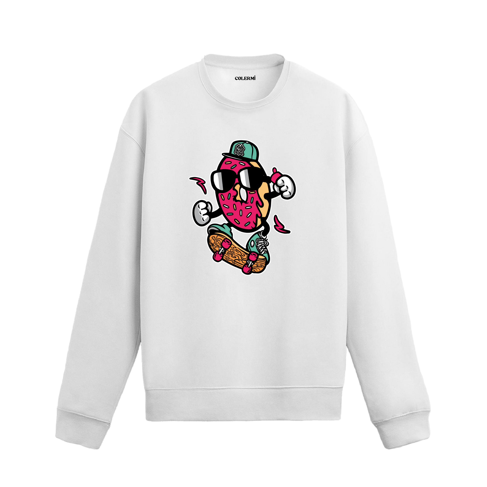 beyaz sweatshirt üzerinde kaykay yapan donut karakter tasarımı