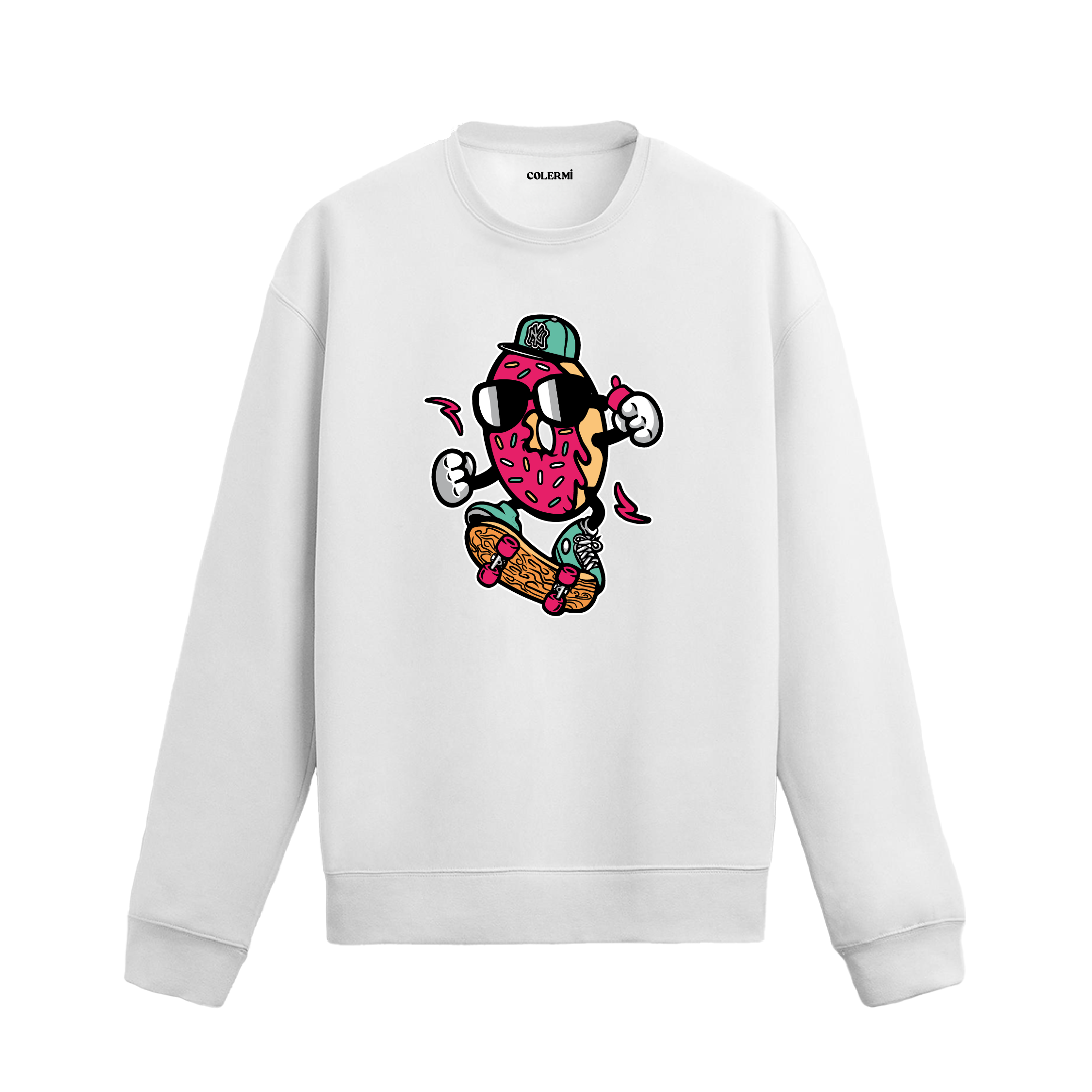 beyaz sweatshirt üzerinde kaykay yapan donut karakter tasarımı