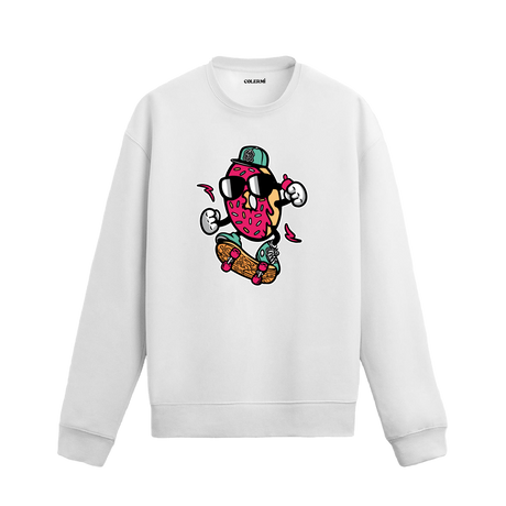 beyaz sweatshirt üzerinde kaykay yapan donut karakter tasarımı