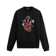 Siyah sweatshirt üzerinde kaykay yapan donut karakter tasarımı
