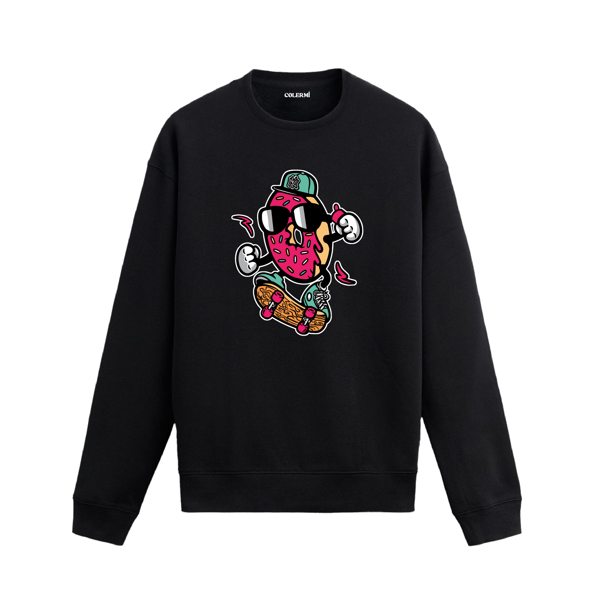 Siyah sweatshirt üzerinde kaykay yapan donut karakter tasarımı