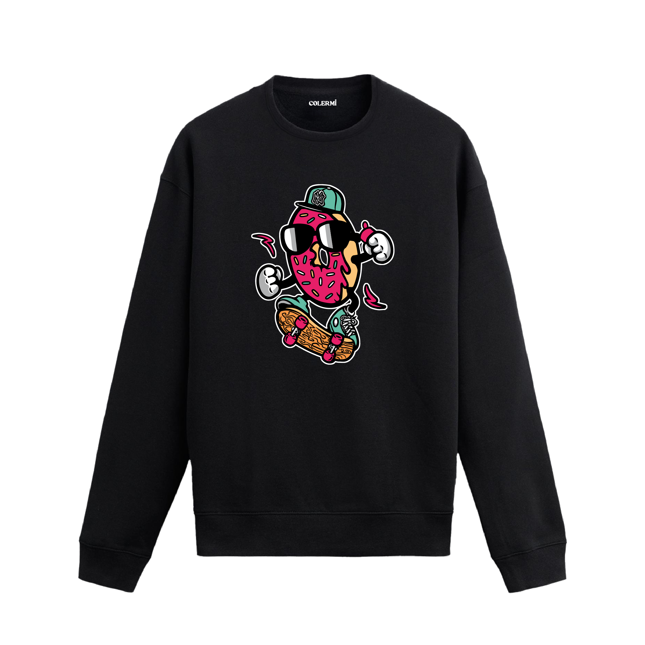 Siyah sweatshirt üzerinde kaykay yapan donut karakter tasarımı