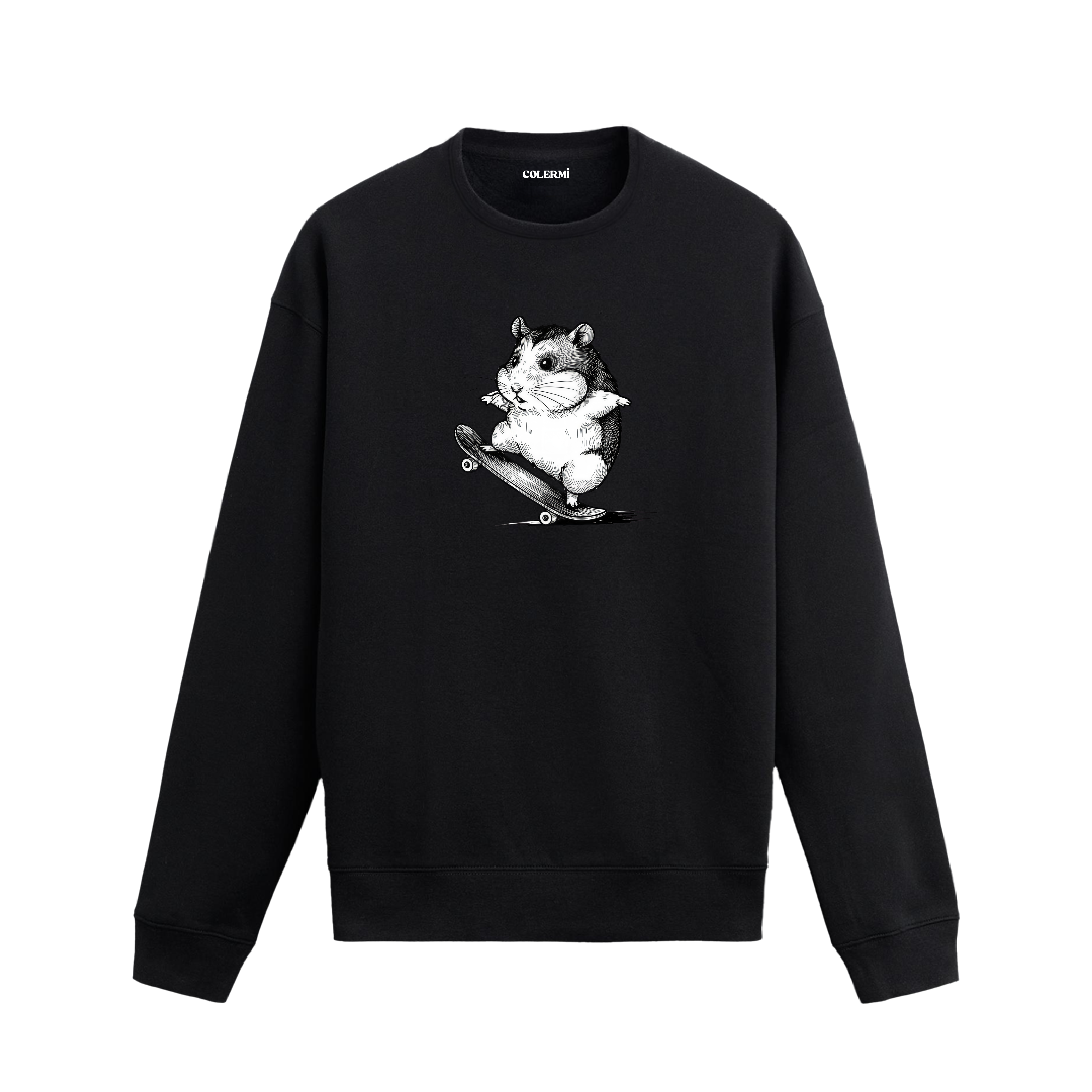 Kaykay üzerinde duran sevimli hamster figürlü sweatshirt tasarımı.