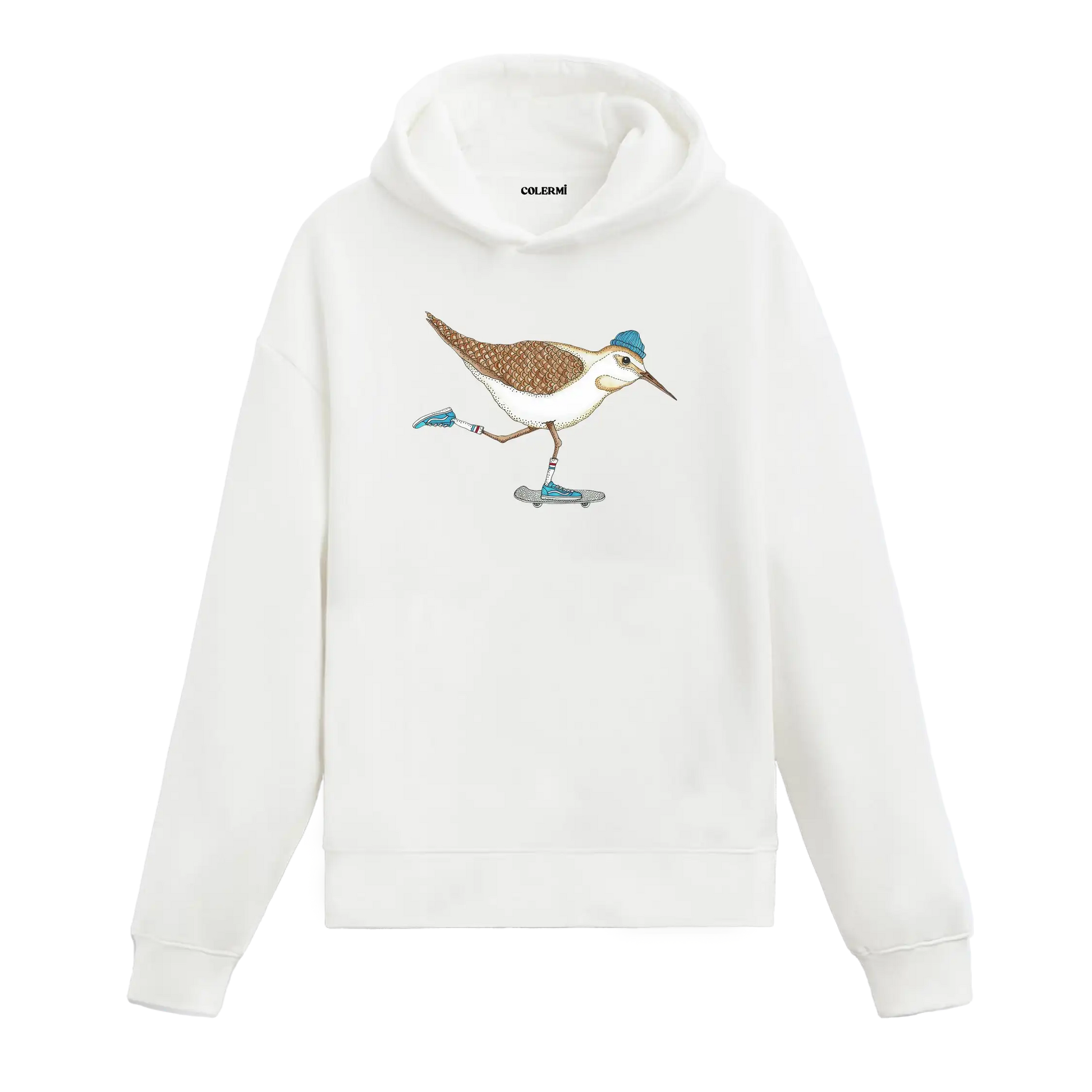 Kaykay yapan bere takmış kuş figürlü Colermi hoodie.