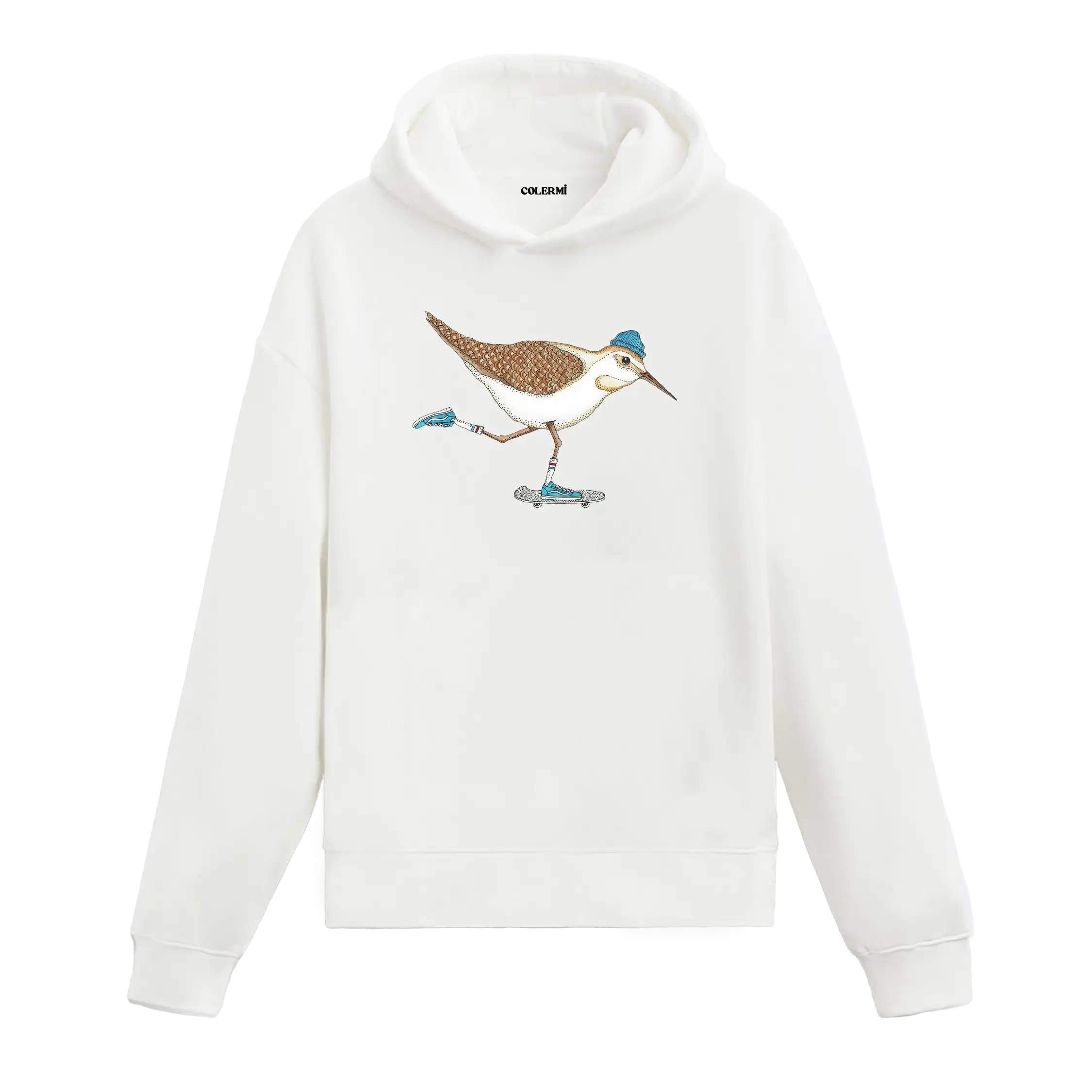 Kaykay yapan bere takmış kuş figürlü Colermi hoodie.