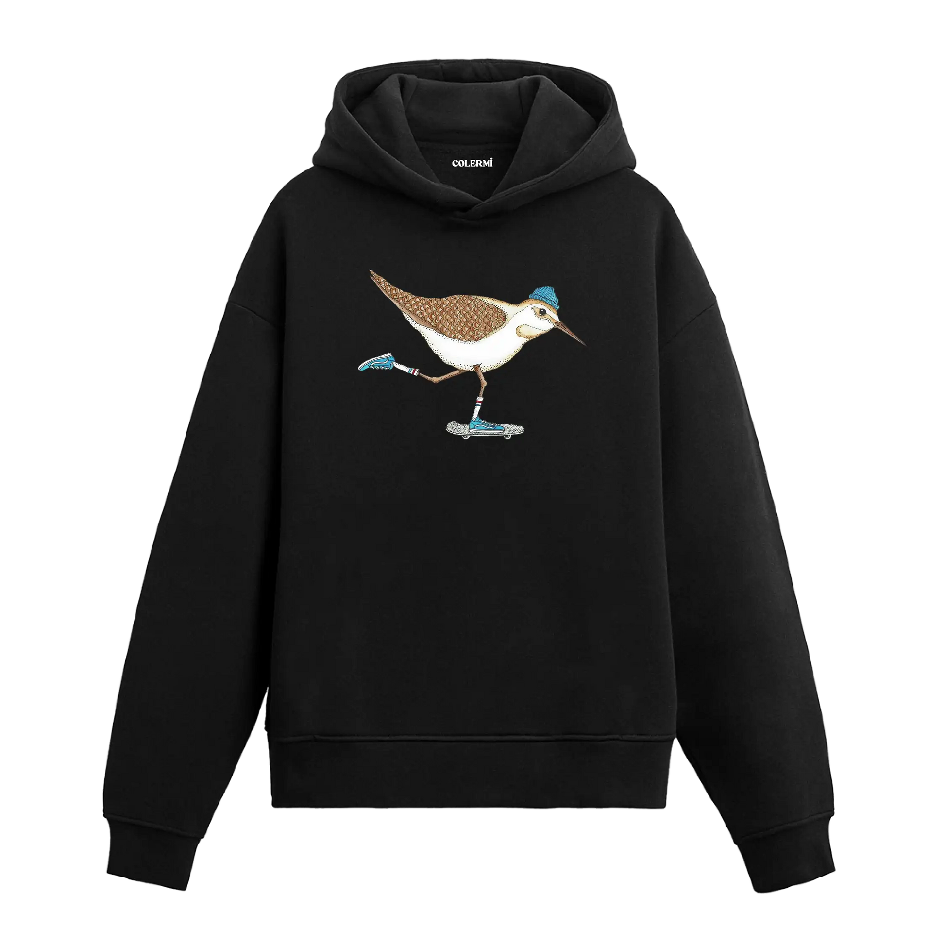 Kaykay yapan bere takmış kuş figürlü Colermi hoodie.
