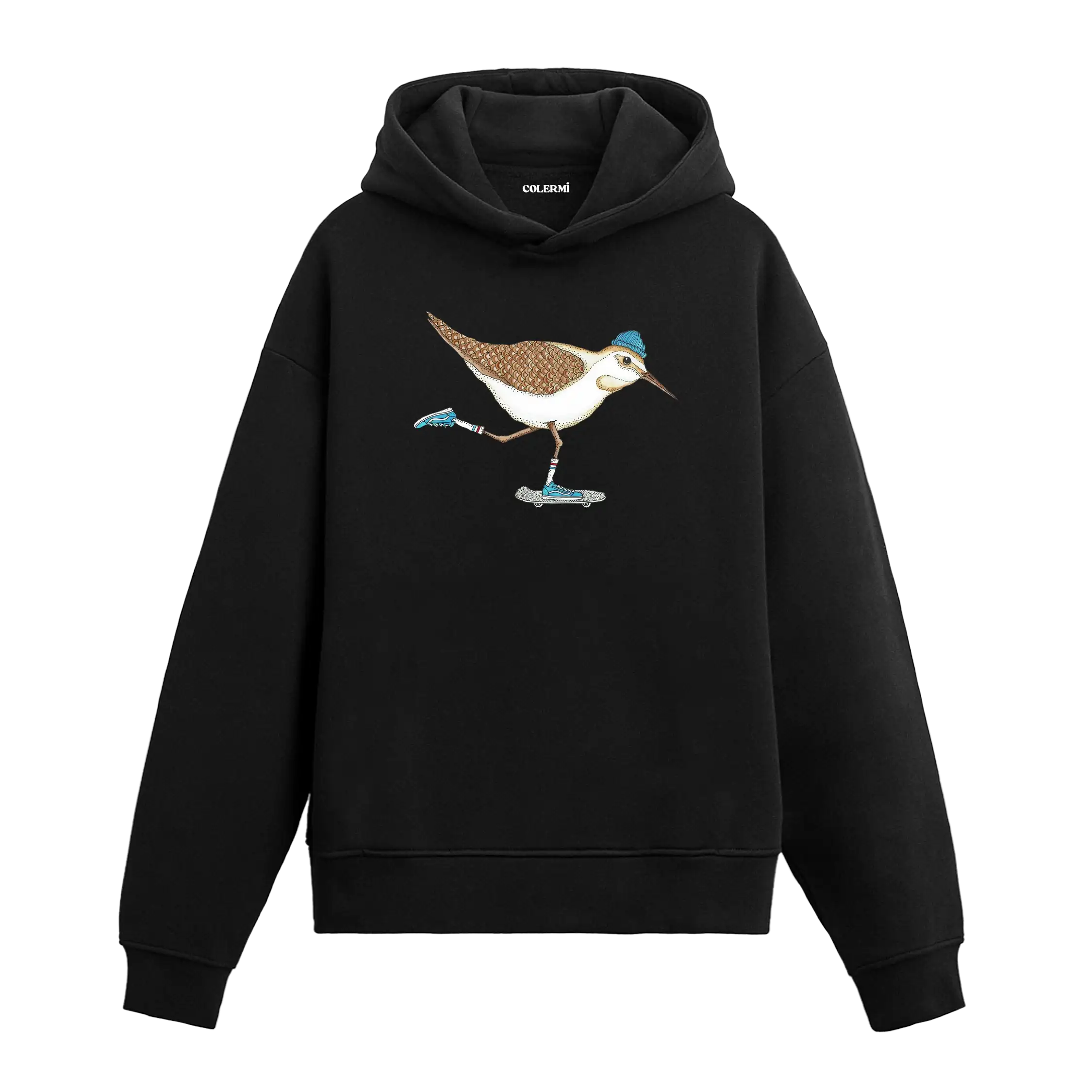 Kaykay yapan bere takmış kuş figürlü Colermi hoodie.