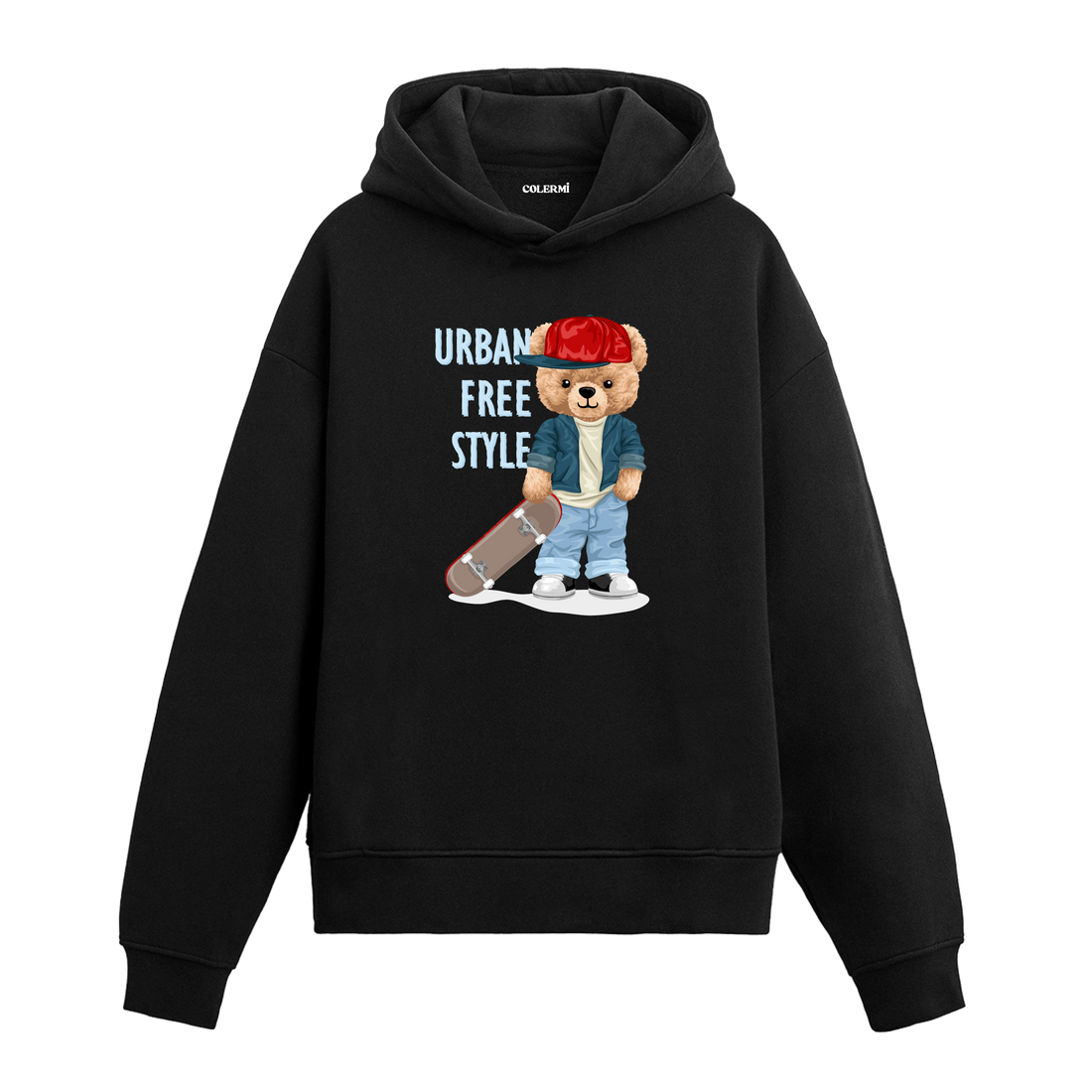 Kırmızı şapkalı, elinde kaykay tutan şehir tarzı ayıcık baskılı hoodie tasarımı.