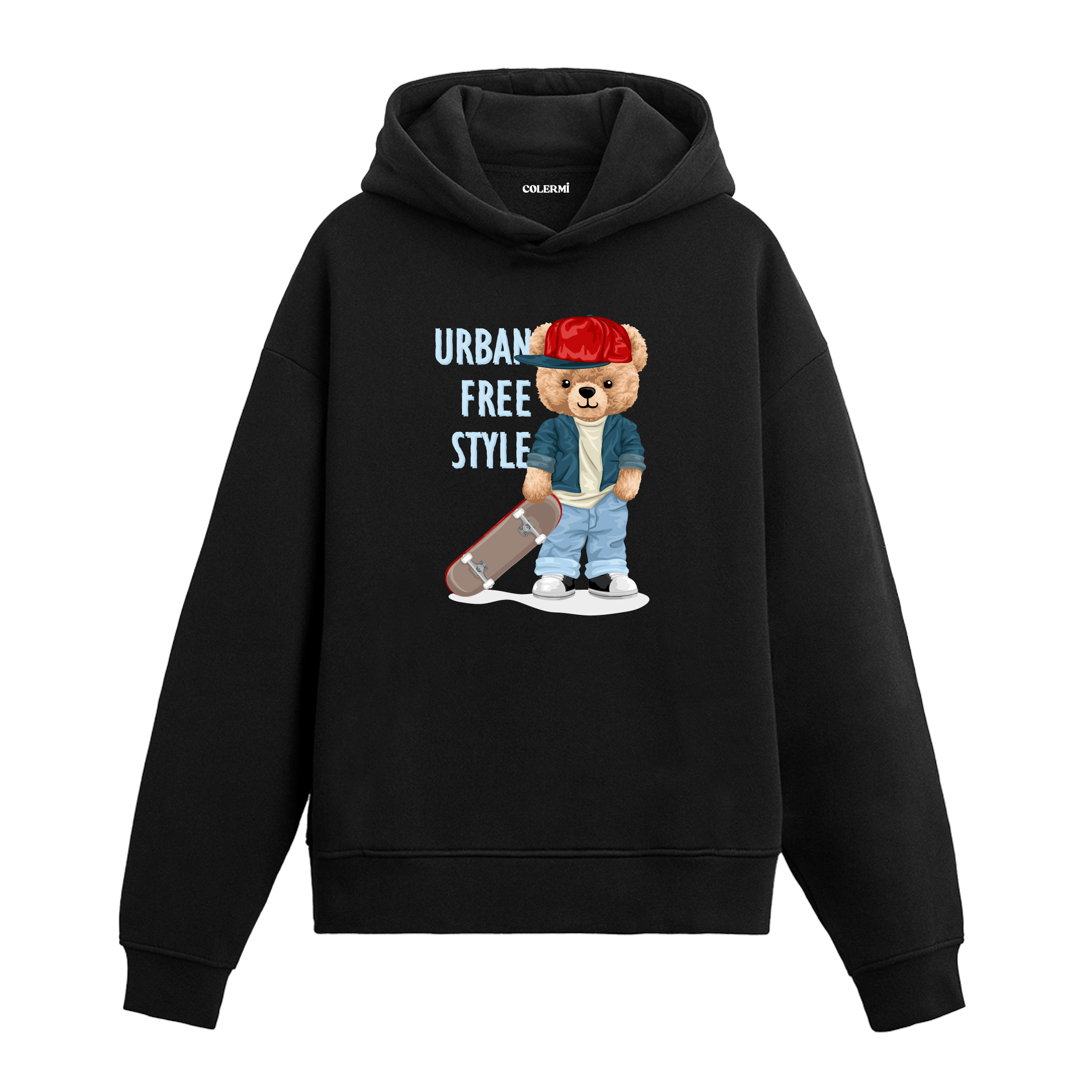 Kırmızı şapkalı, elinde kaykay tutan şehir tarzı ayıcık baskılı hoodie tasarımı.