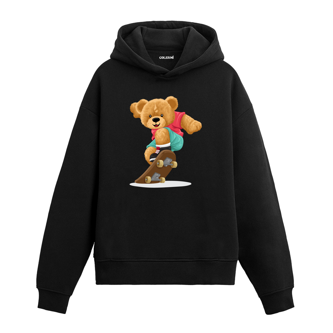Havada kaykay yapan ayıcık figürlü hoodie tasarımı.