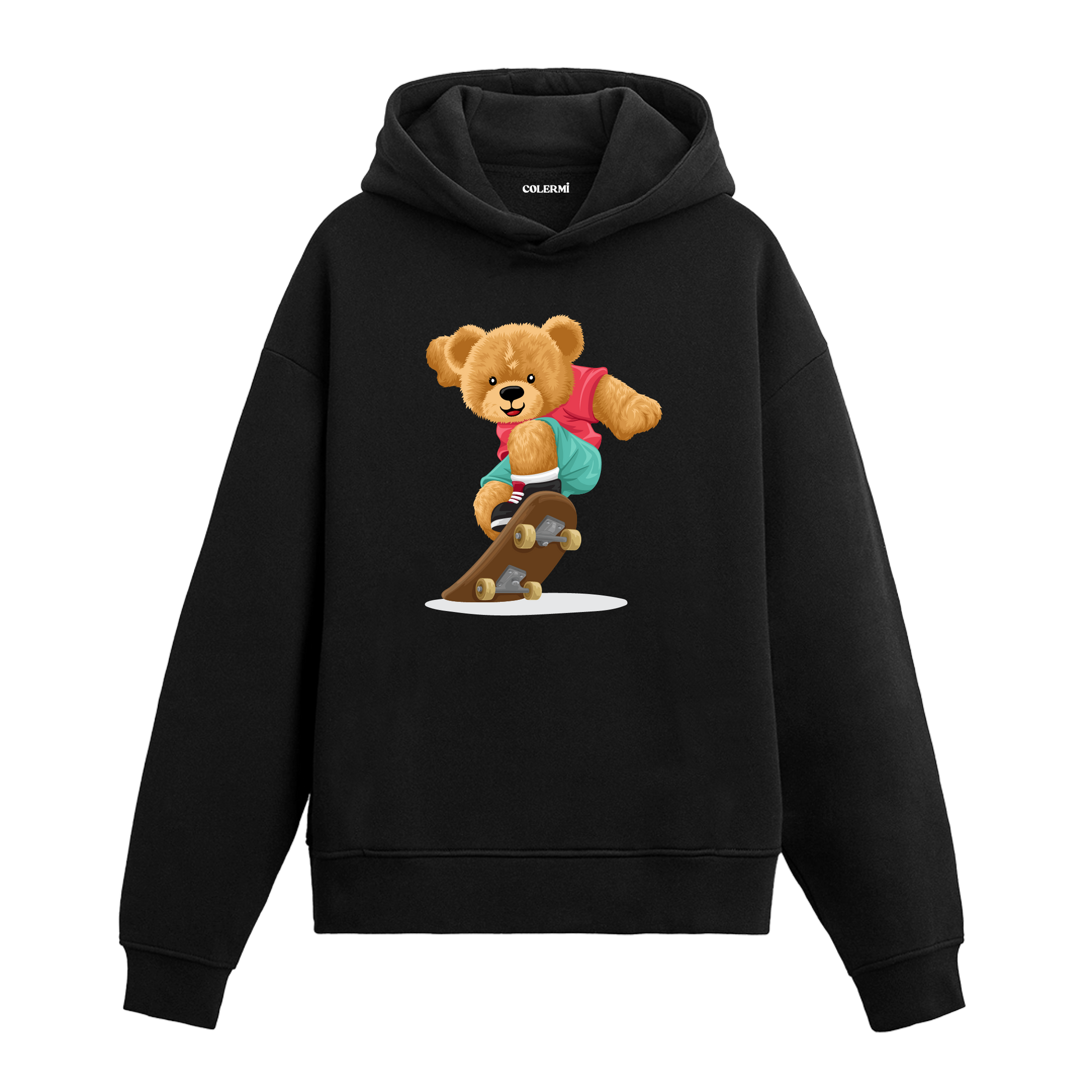 Havada kaykay yapan ayıcık figürlü hoodie tasarımı.