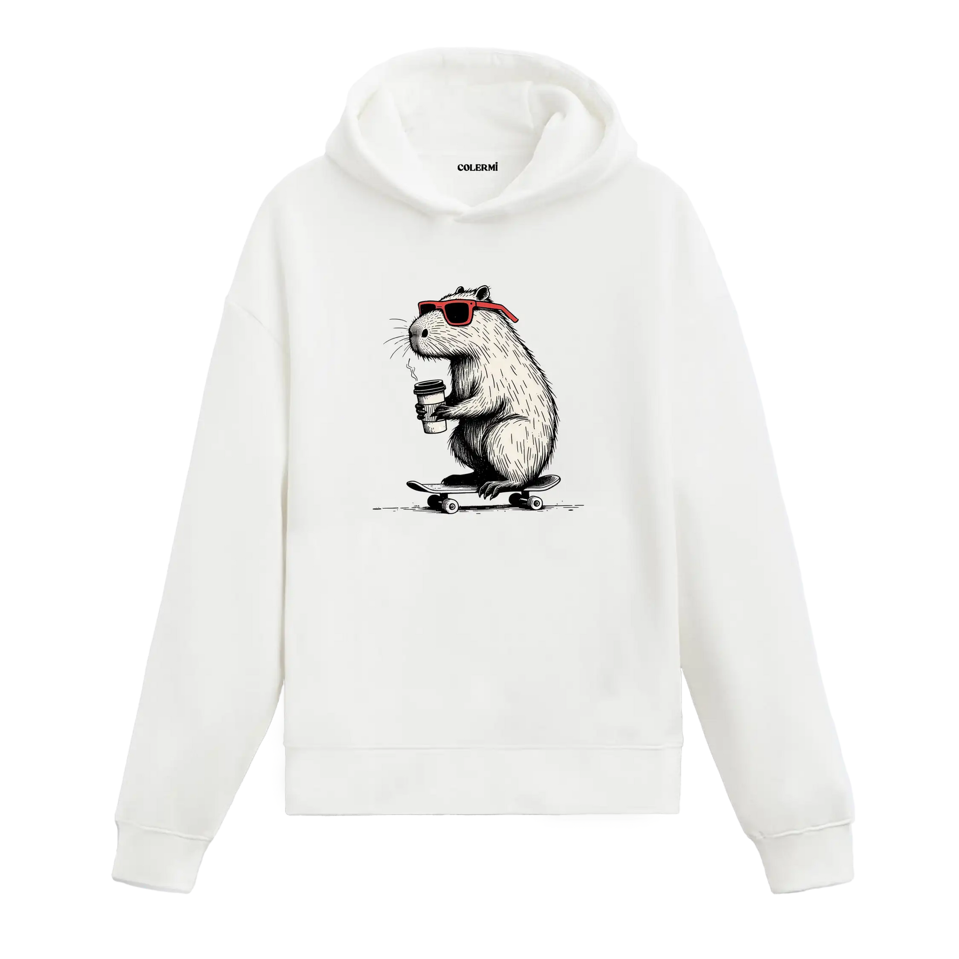Kırmızı gözlüklü, elinde kahveyle kaykay üstünde duran kapibara figürlü Colermi hoodie.