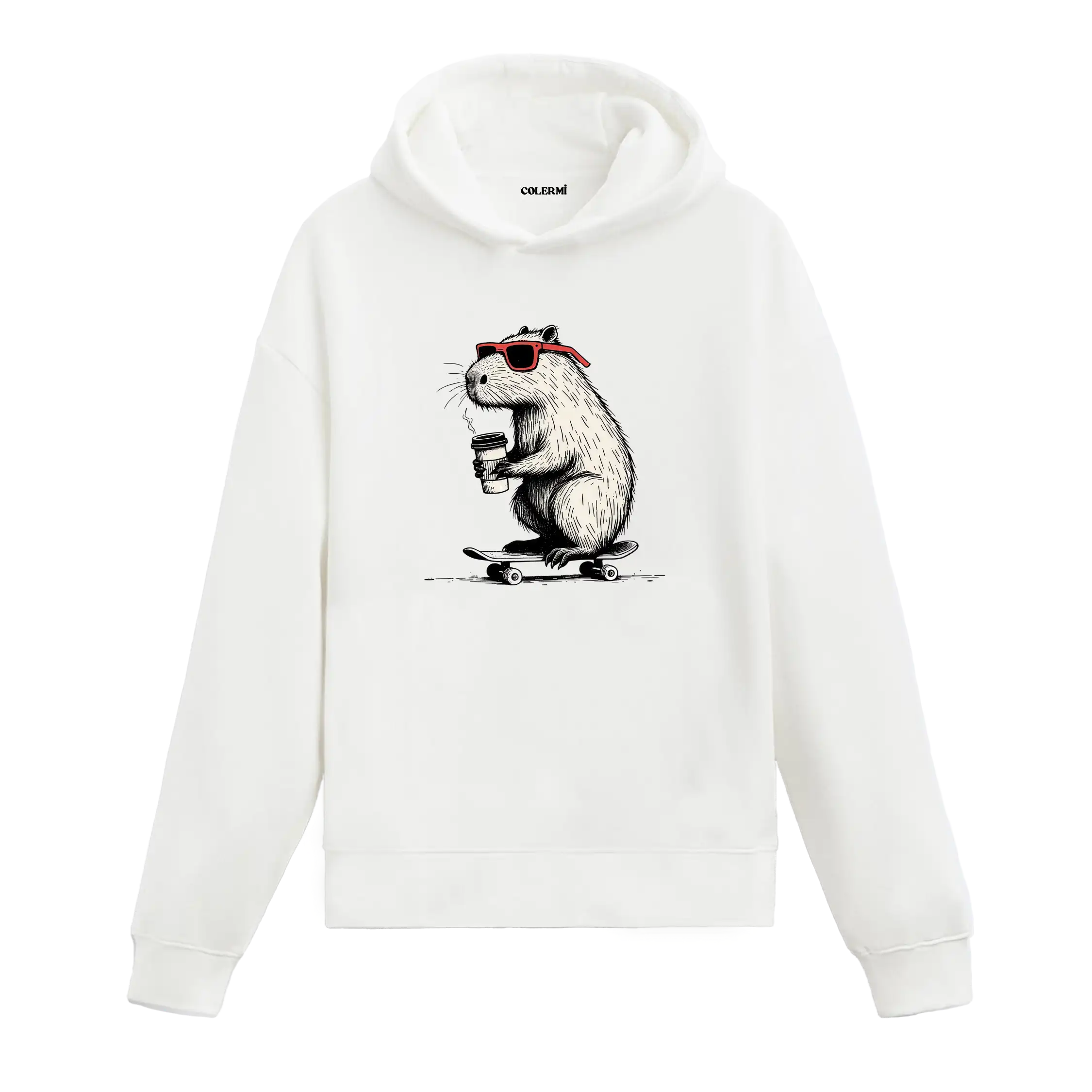 Kırmızı gözlüklü, elinde kahveyle kaykay üstünde duran kapibara figürlü Colermi hoodie.