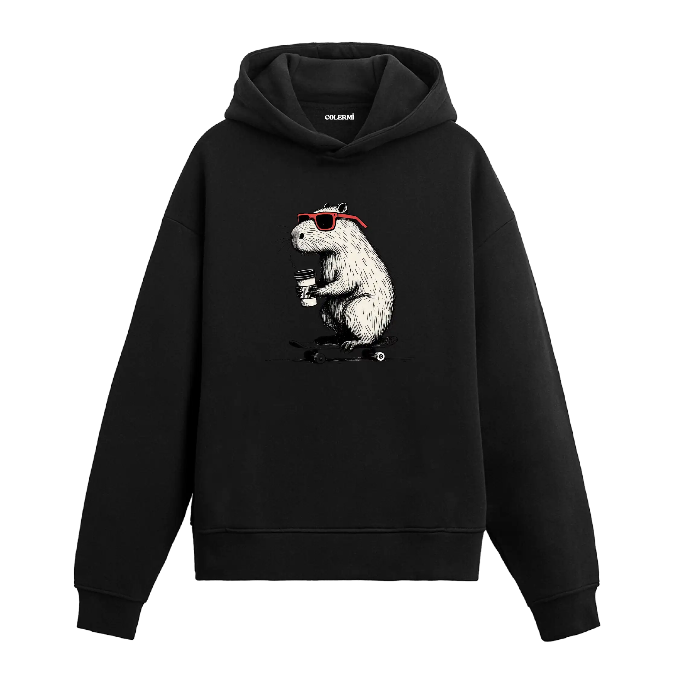 Kırmızı gözlüklü, elinde kahveyle kaykay üstünde duran kapibara figürlü Colermi hoodie.