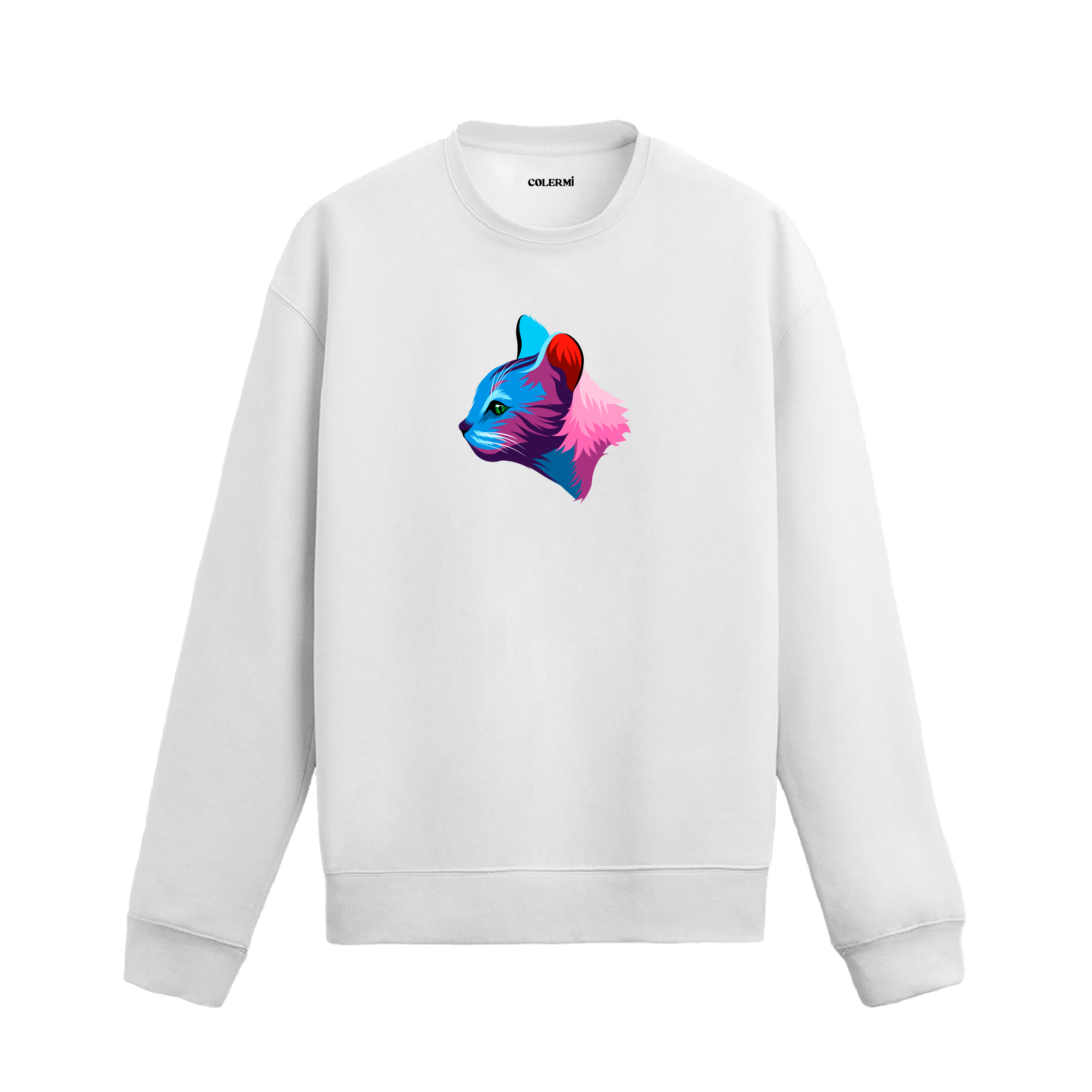 beyaz sweatshirt üzerinde yan profilden bakışlı renkli kedi tasarımı.