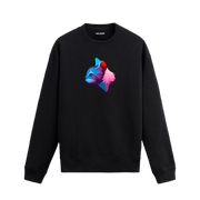 Siyah sweatshirt üzerinde yan profilden bakışlı renkli kedi tasarımı.