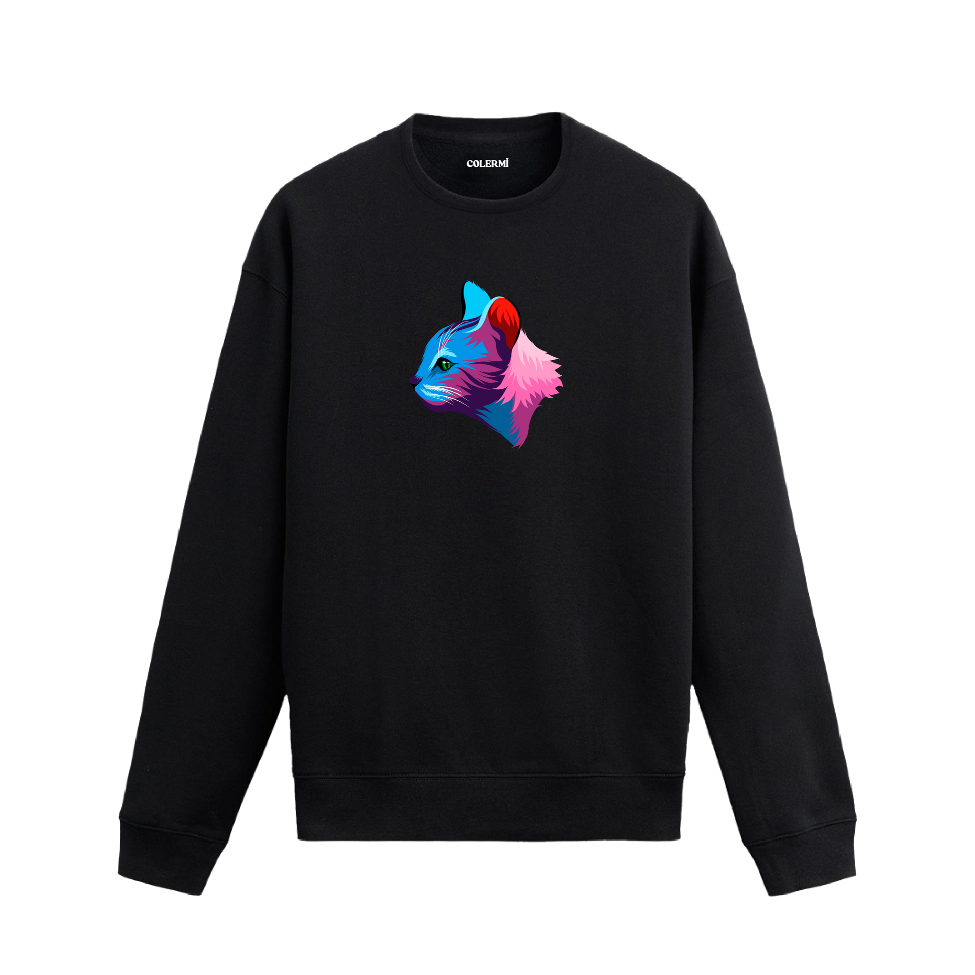 Siyah sweatshirt üzerinde yan profilden bakışlı renkli kedi tasarımı.
