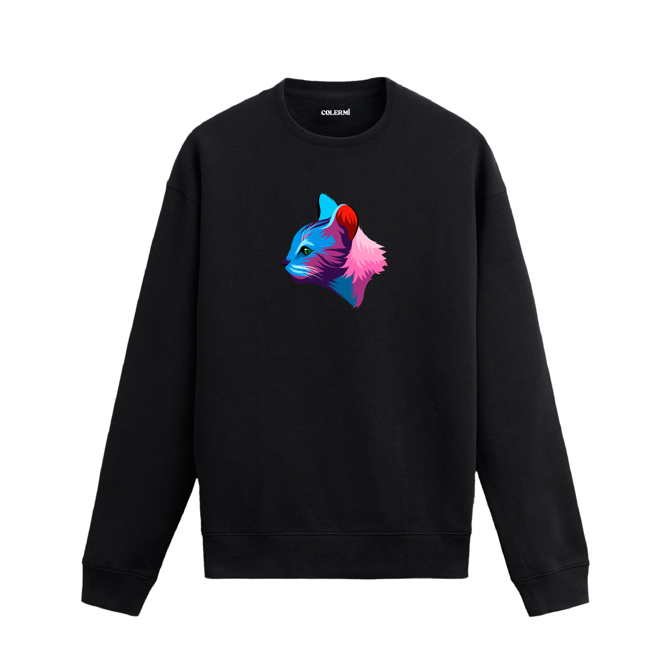 Siyah sweatshirt üzerinde yan profilden bakışlı renkli kedi tasarımı.