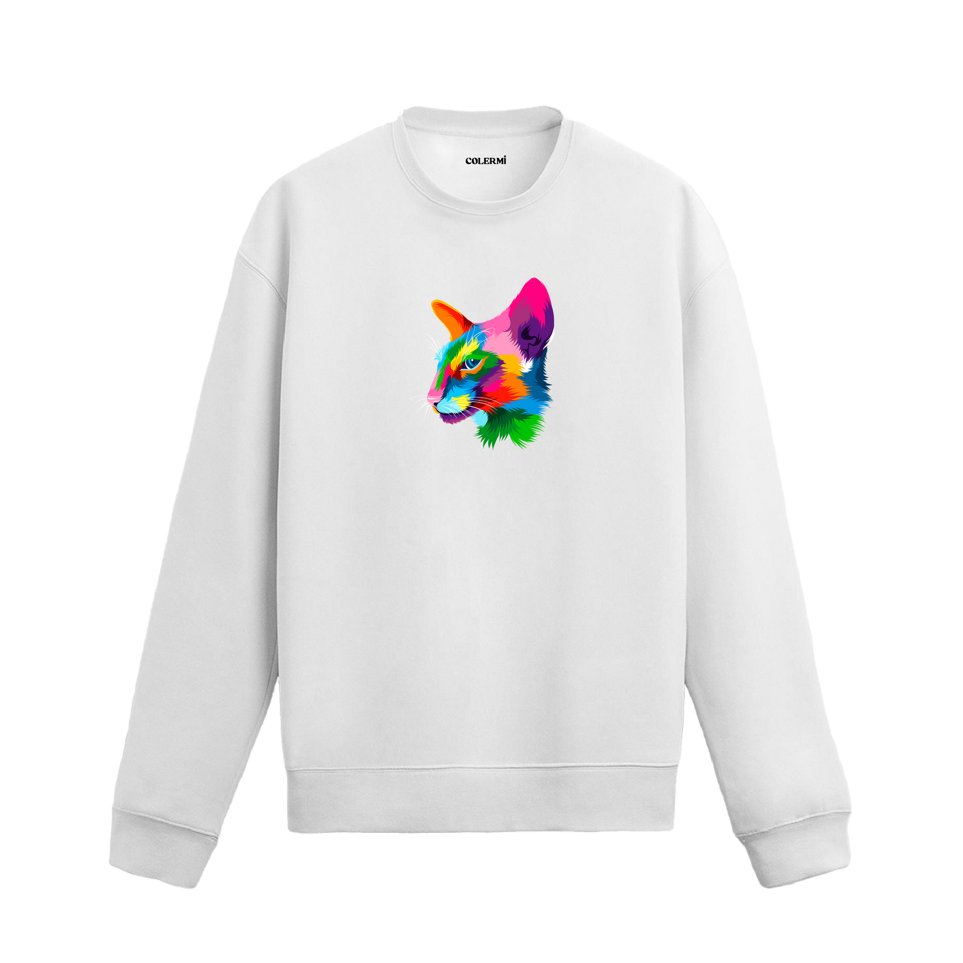 beyaz sweatshirt üzerinde yan profilden renkli kedi baskısı.