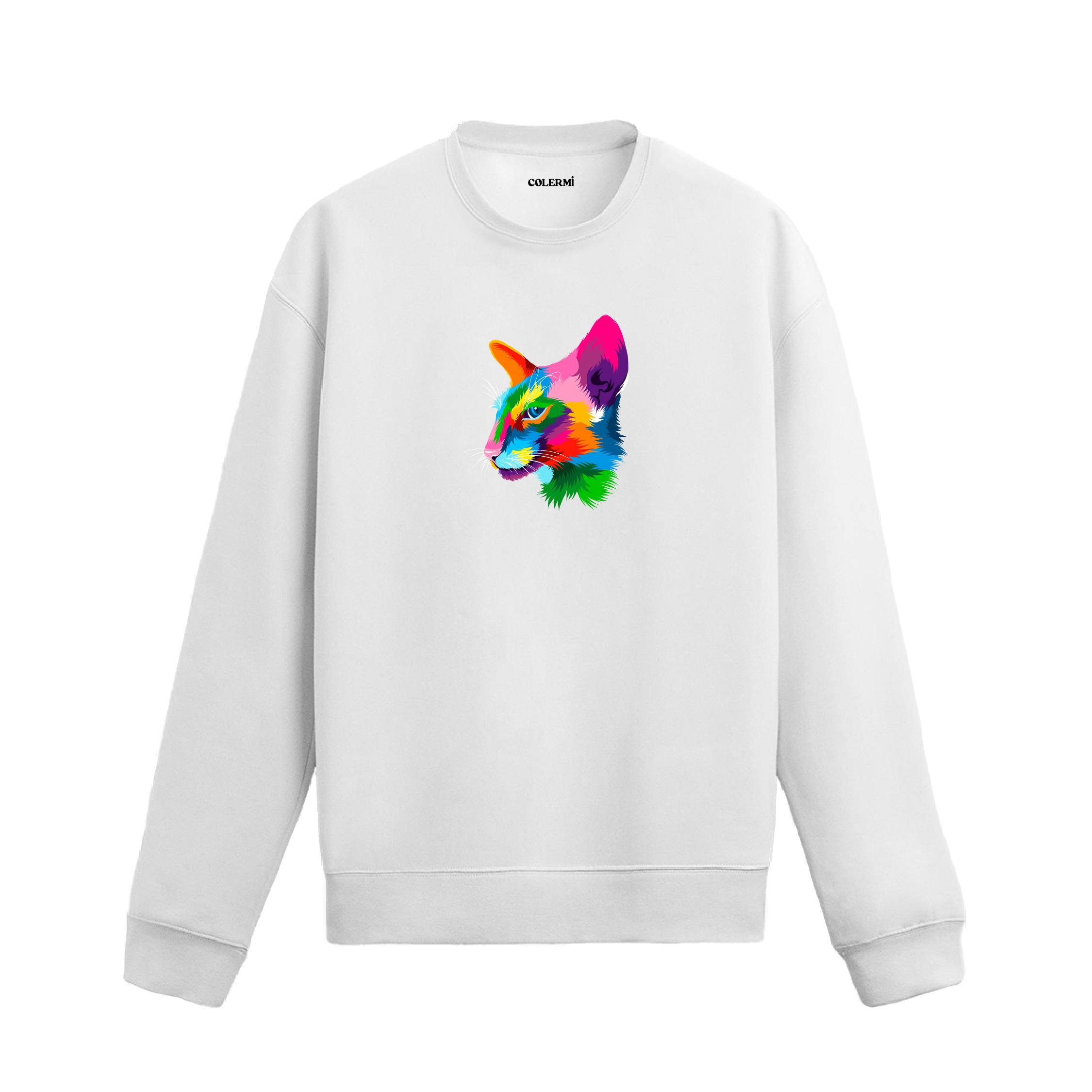 beyaz sweatshirt üzerinde yan profilden renkli kedi baskısı.