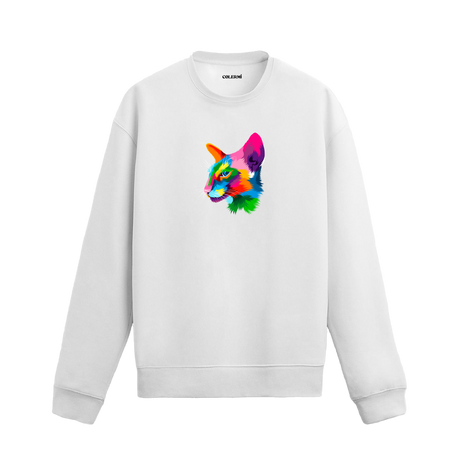 beyaz sweatshirt üzerinde yan profilden renkli kedi baskısı.
