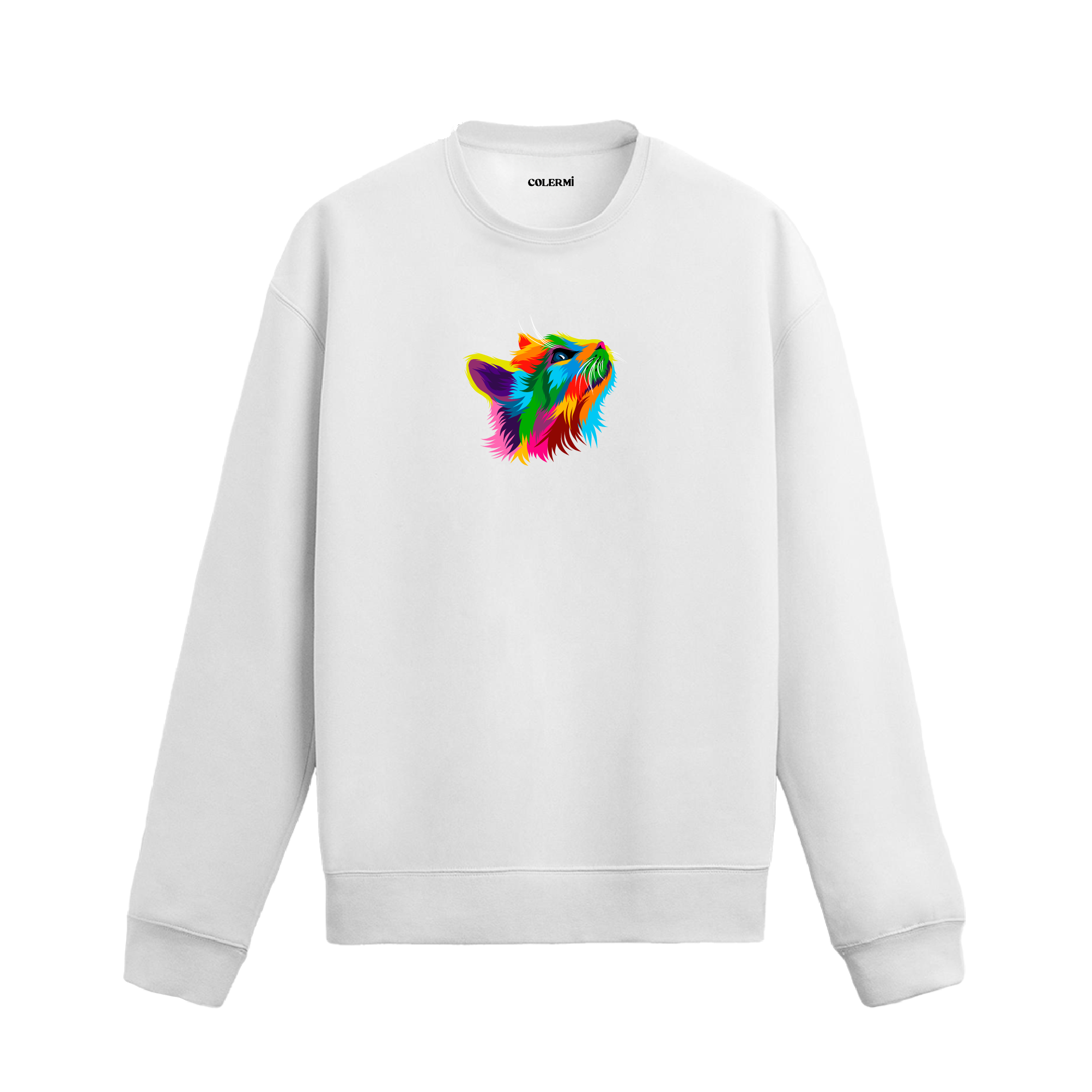 beyaz sweatshirt üzerinde yukarı bakan renkli kedi tasarımı.