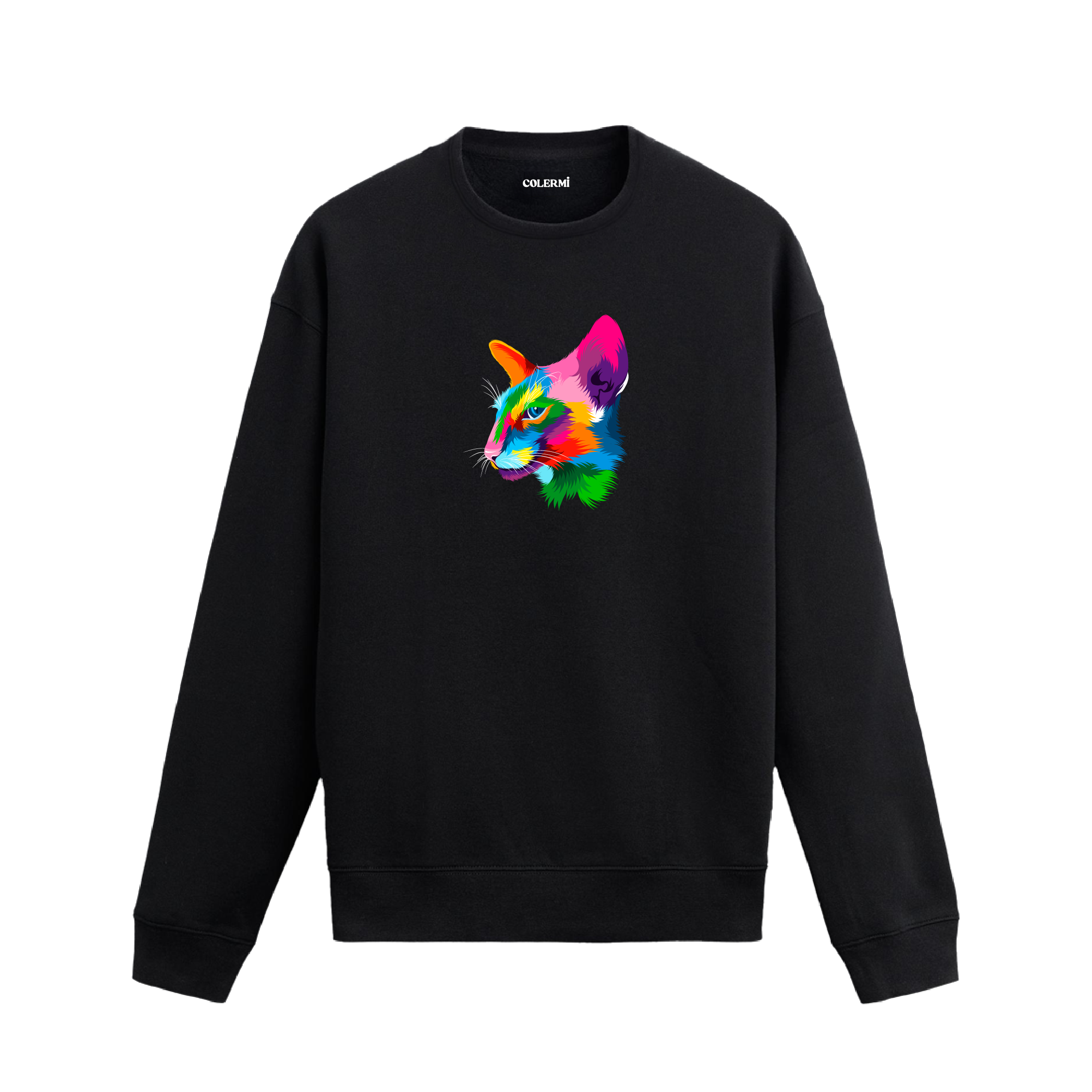 Siyah sweatshirt üzerinde yan profilden renkli kedi baskısı.