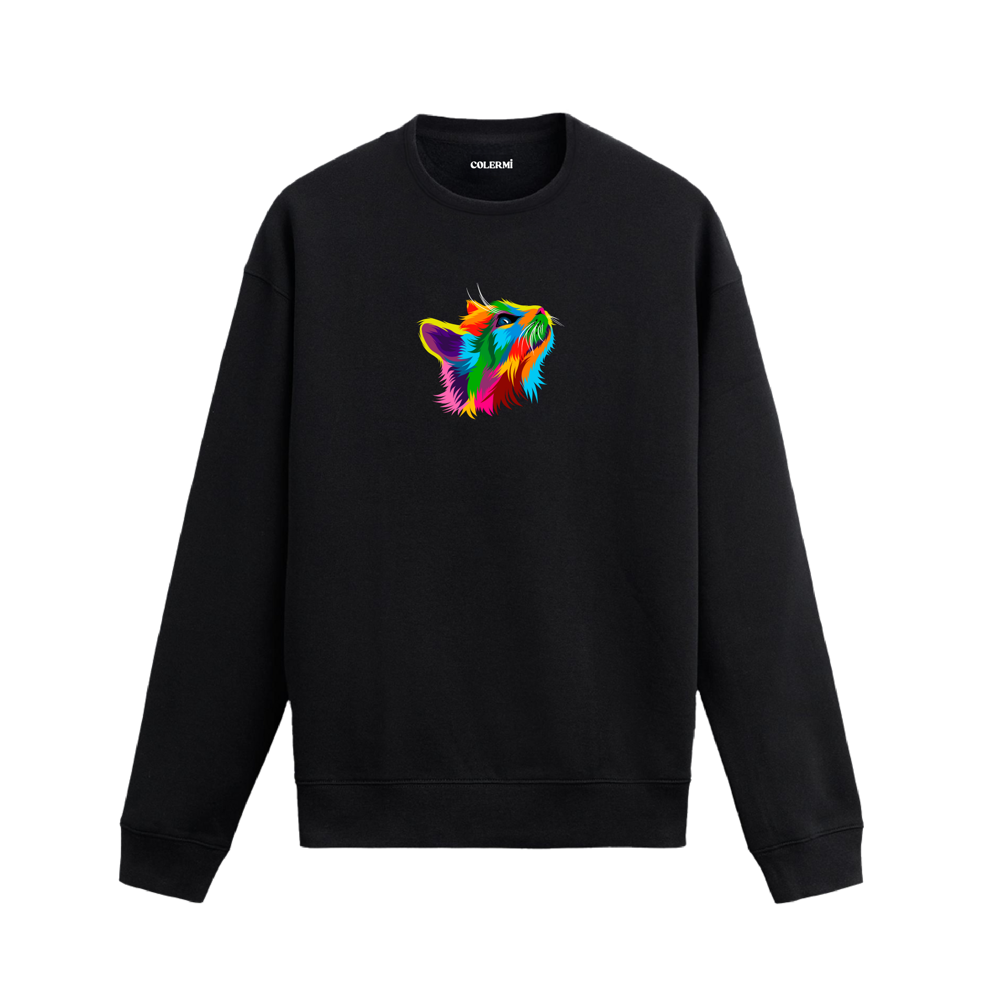 Siyah sweatshirt üzerinde yukarı bakan renkli kedi tasarımı.