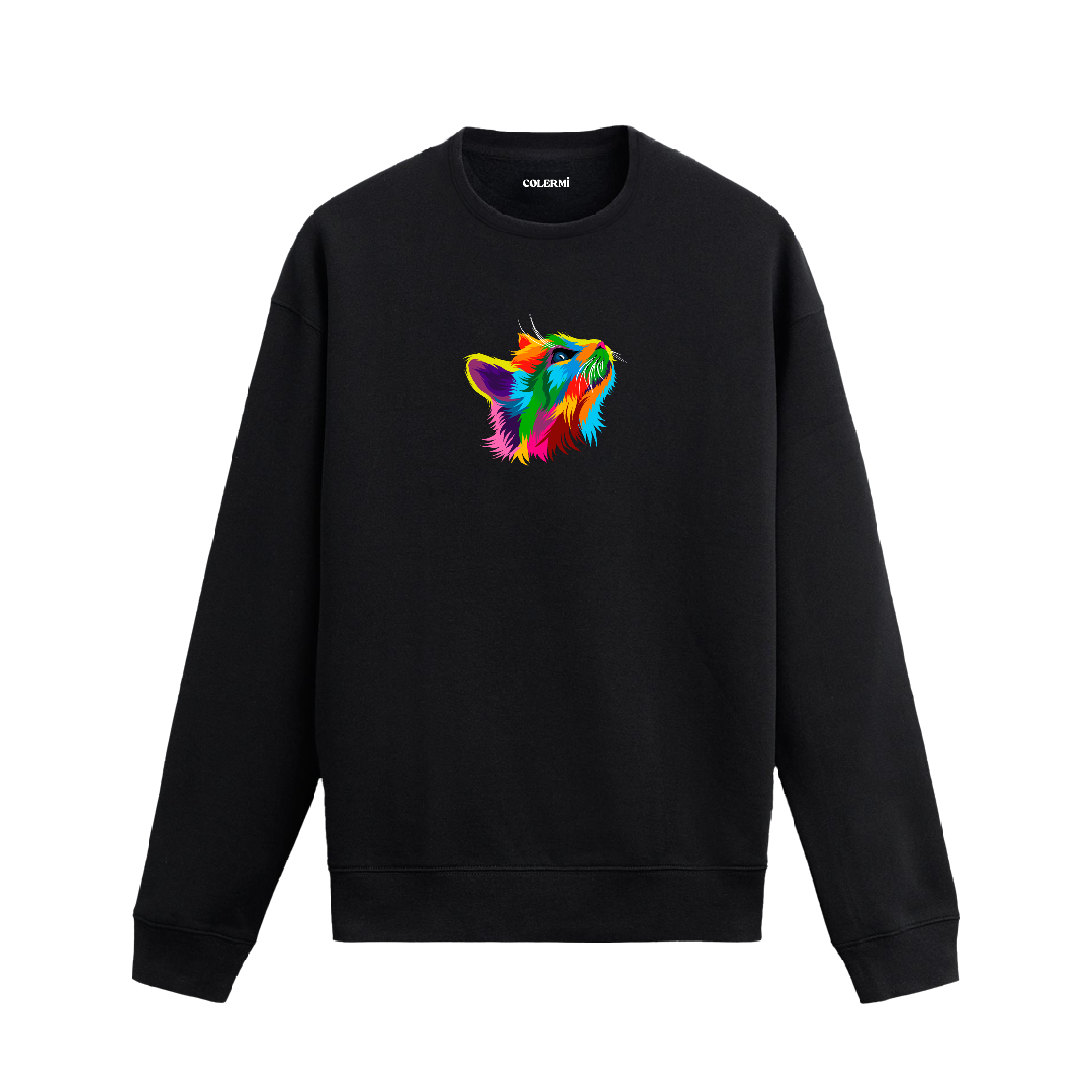 Siyah sweatshirt üzerinde yukarı bakan renkli kedi tasarımı.