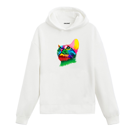 Renkli Kedi Bella baskılı beyaz hoodie
