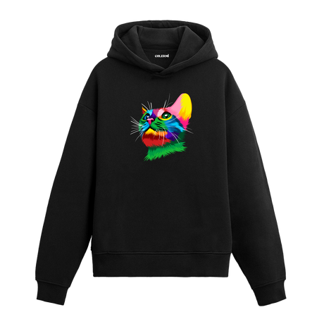 Renkli Kedi Bella baskılı siyah hoodie