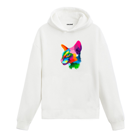 Renkli cesur kedi baskılı beyaz hoodie