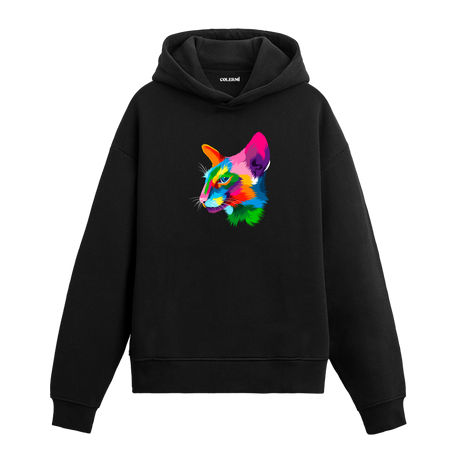 Renkli cesur kedi baskılı siyah hoodie