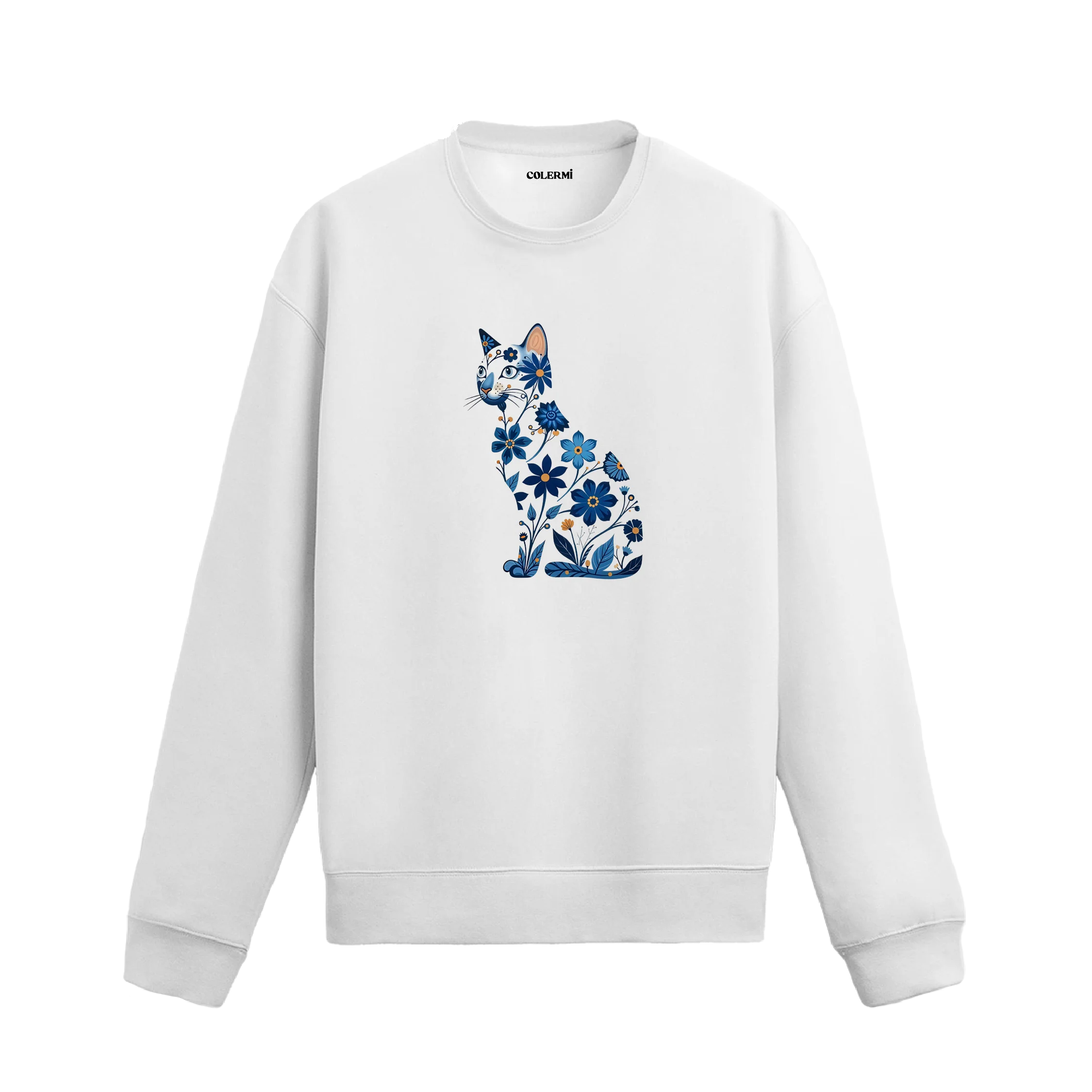 Çiçek Desenli Kedi Tasarımlı Sweatshirt