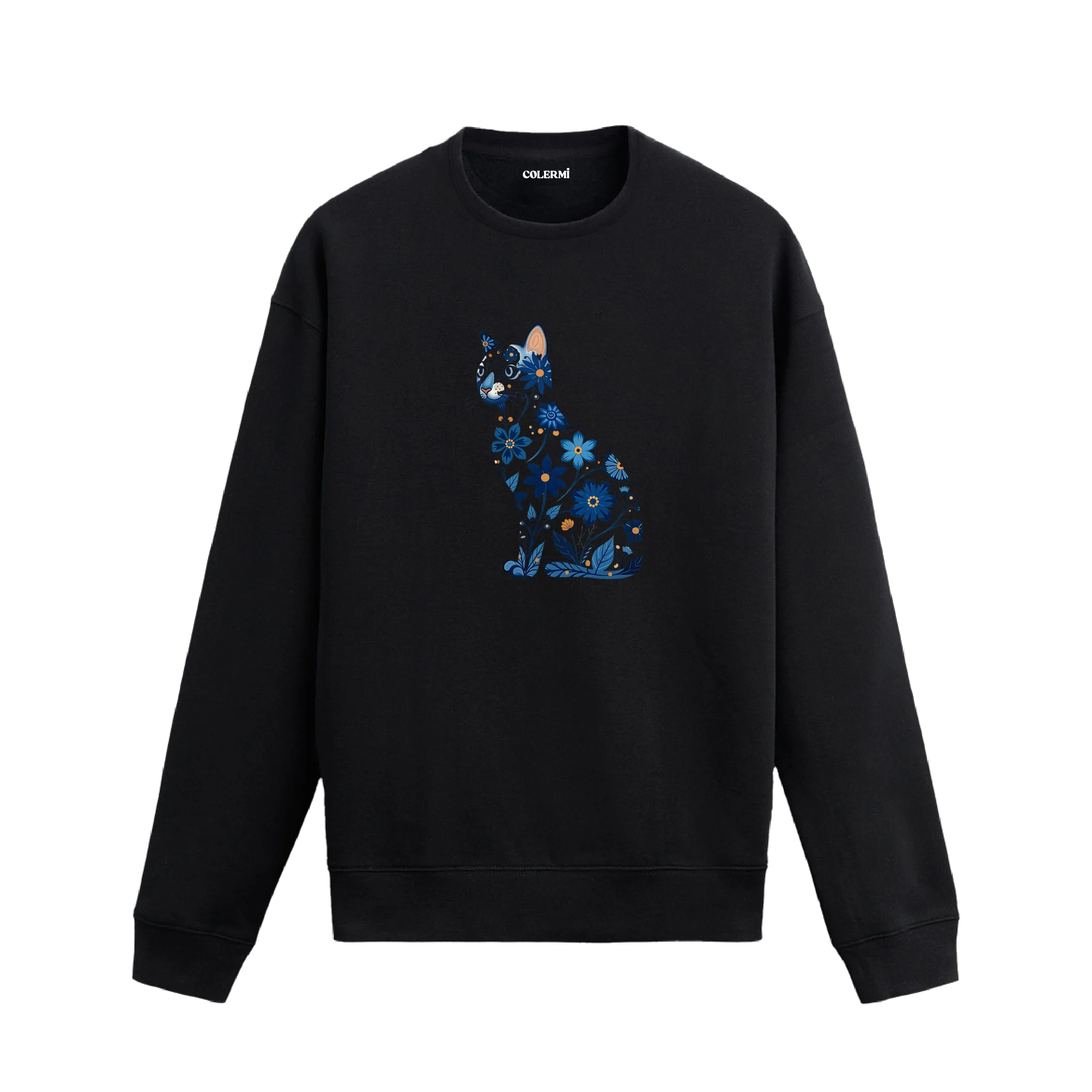Çiçek Desenli Kedi Tasarımlı Sweatshirt