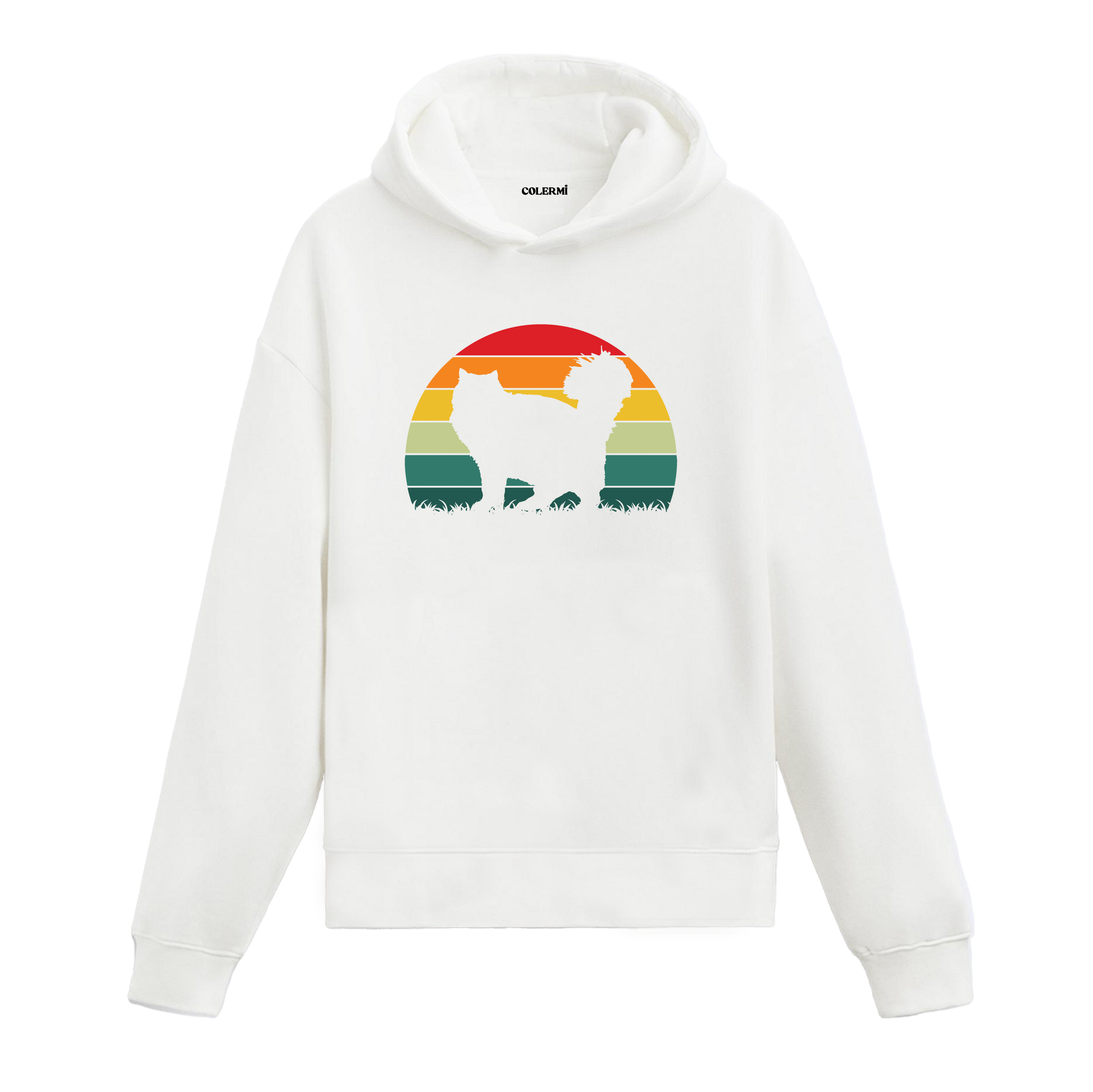 Retro günbatımı dairesi içinde kedi baskılı Colermi hoodie