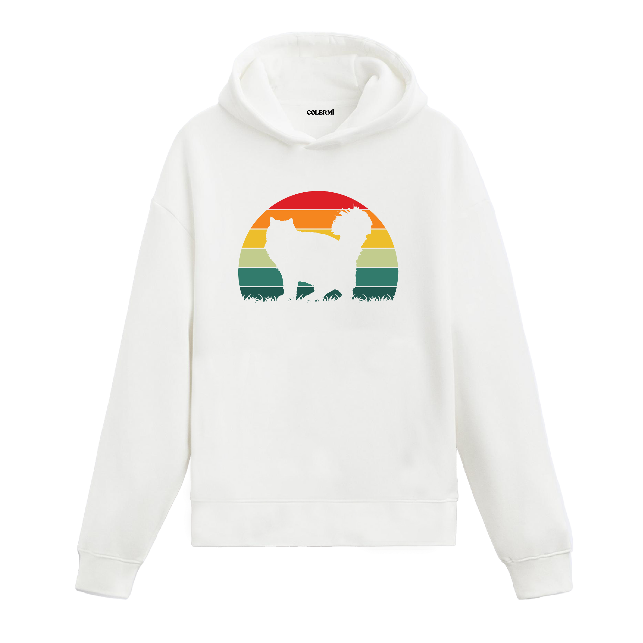 Retro günbatımı dairesi içinde kedi baskılı Colermi hoodie