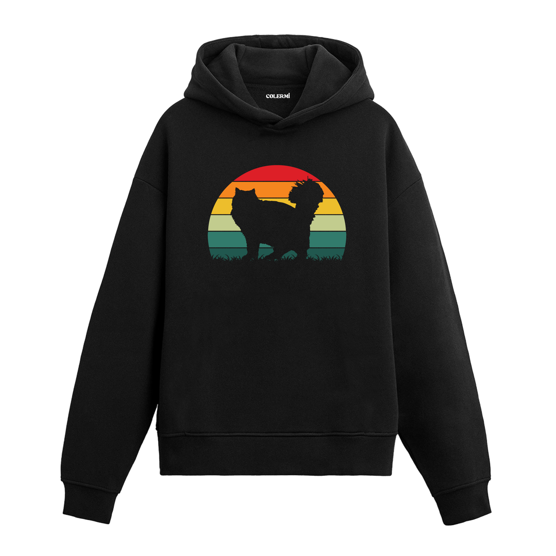 Retro günbatımı dairesi içinde kedi baskılı Colermi hoodie