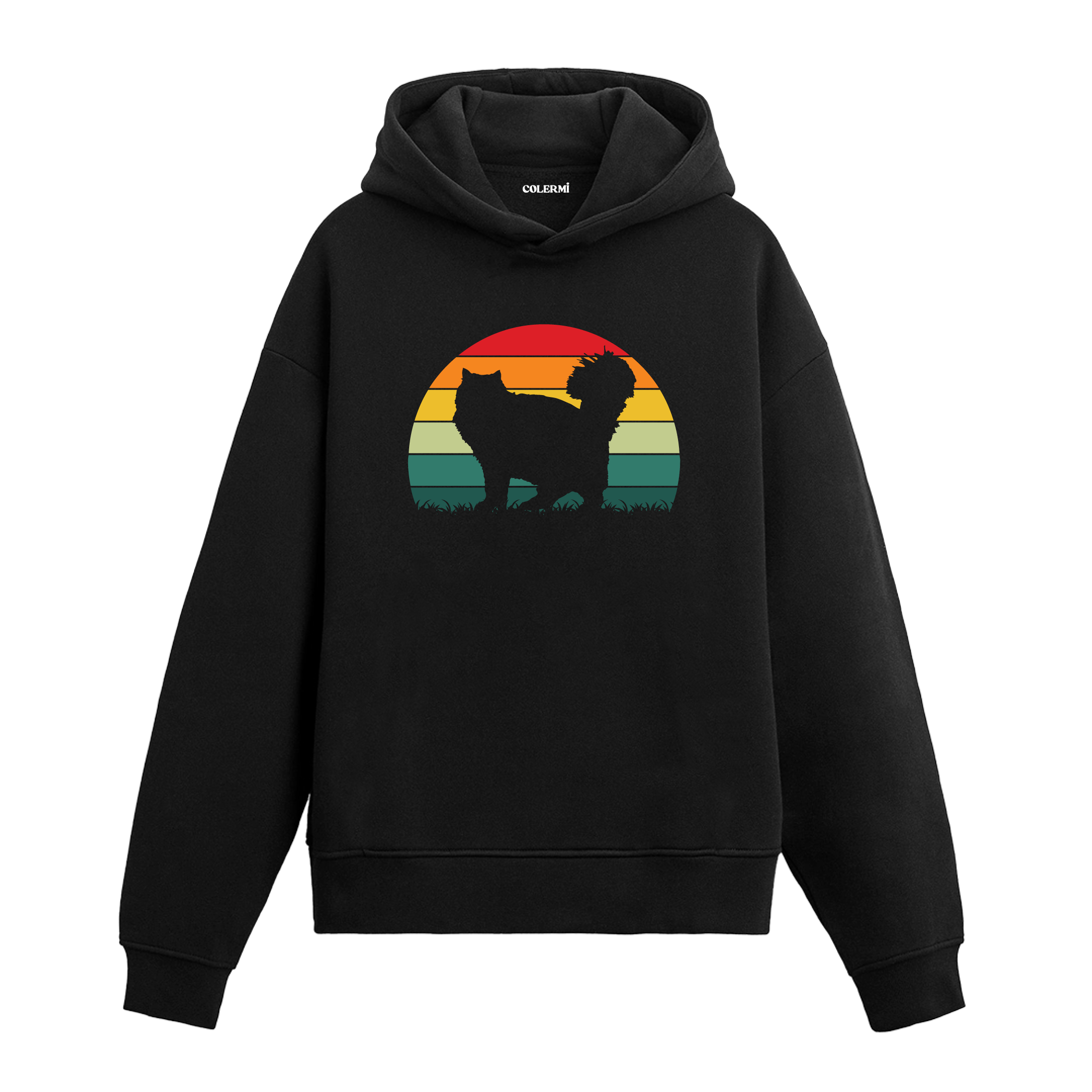 Retro günbatımı dairesi içinde kedi baskılı Colermi hoodie