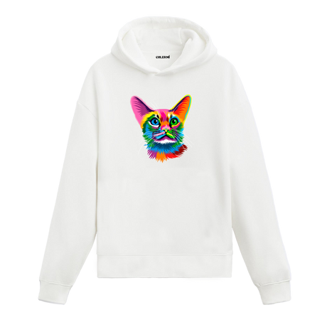 Renkli Kedi Mia baskılı beyaz hoodie