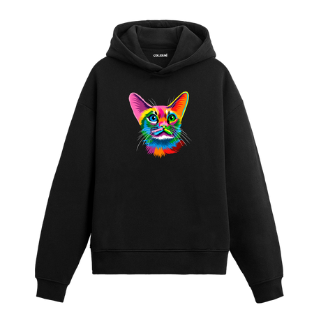 Renkli Kedi Mia baskılı siyah hoodie