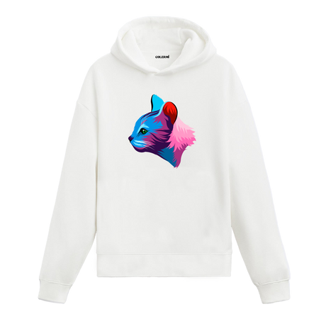 Pastel renkli kedi illüstrasyonlu beyaz hoodie
