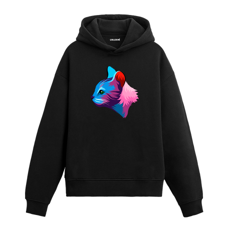 Pastel renkli kedi illüstrasyonlu siyah hoodie