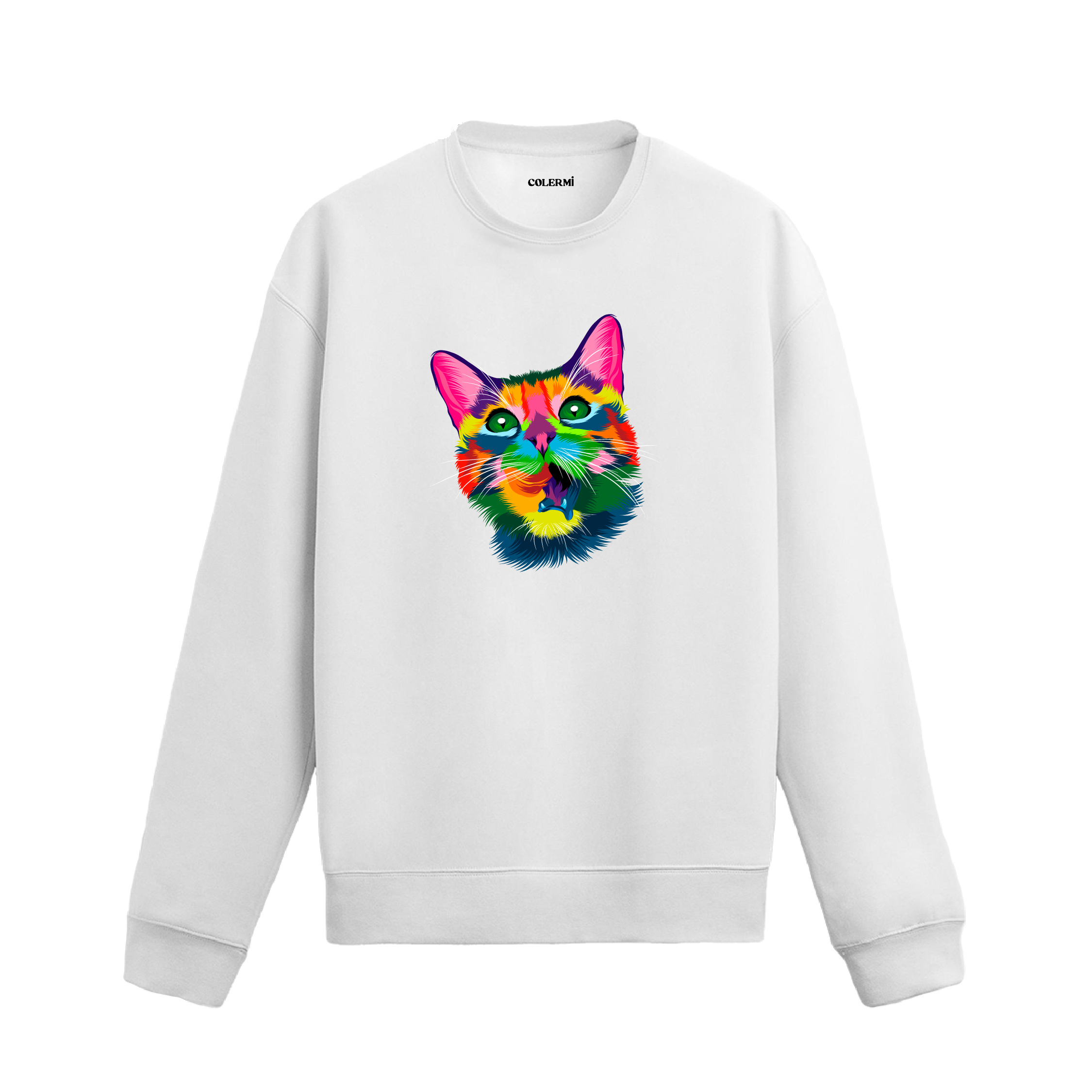 beyaz sweatshirt üzerinde renkli kedi tasarımı.