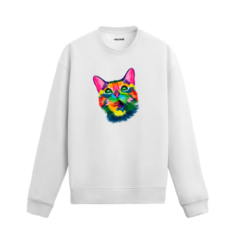 beyaz sweatshirt üzerinde renkli kedi tasarımı.