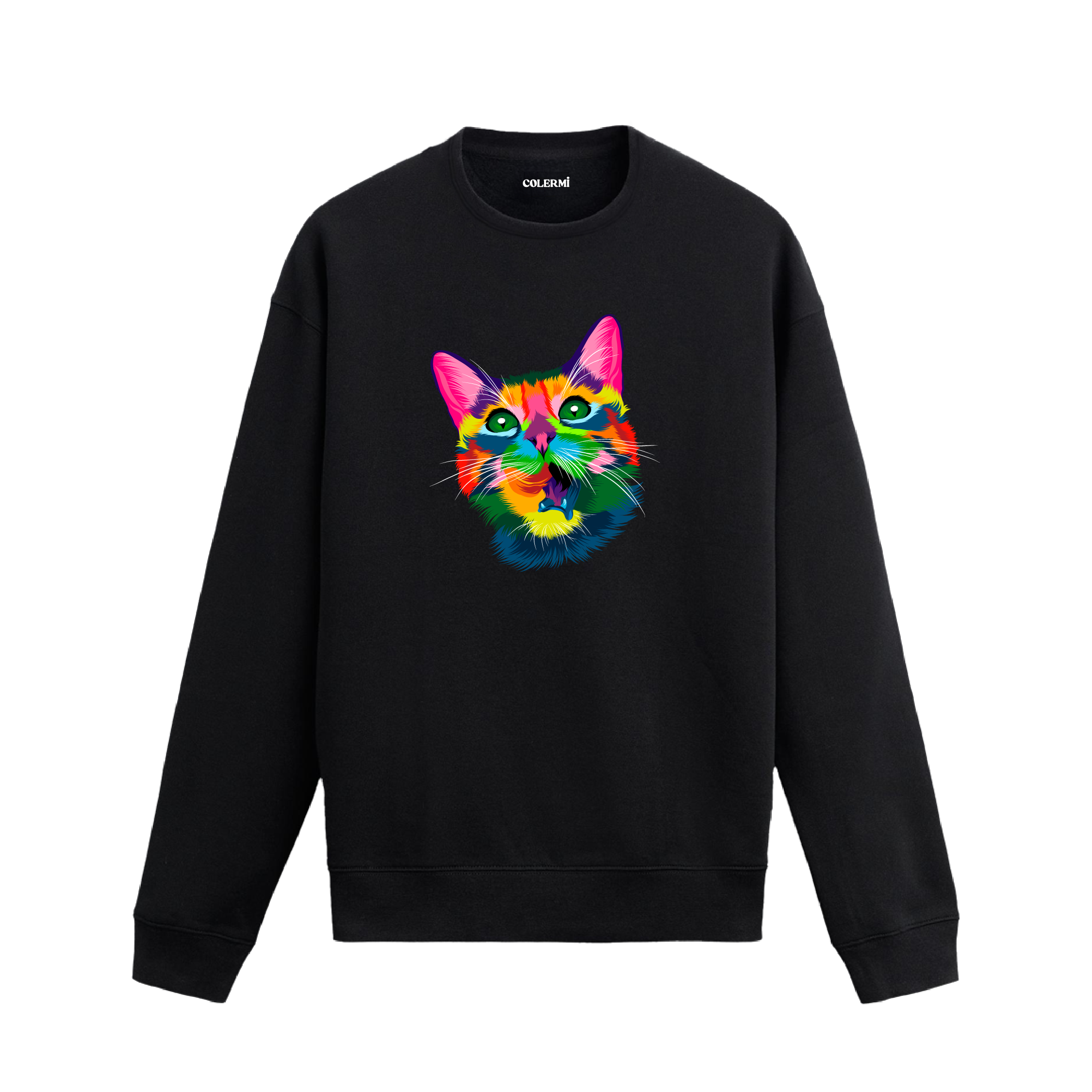 Siyah sweatshirt üzerinde renkli kedi tasarımı.