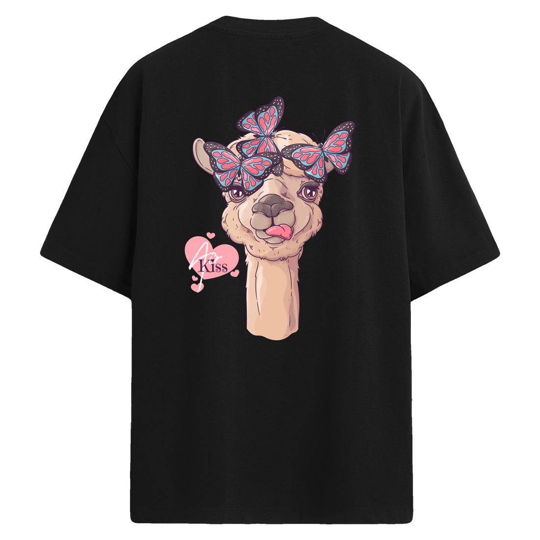 Sırt baskılı oversize tişört üzerinde kelebek ve lama illüstrasyonu