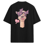 Sırt baskılı oversize tişört üzerinde kelebek ve lama illüstrasyonu