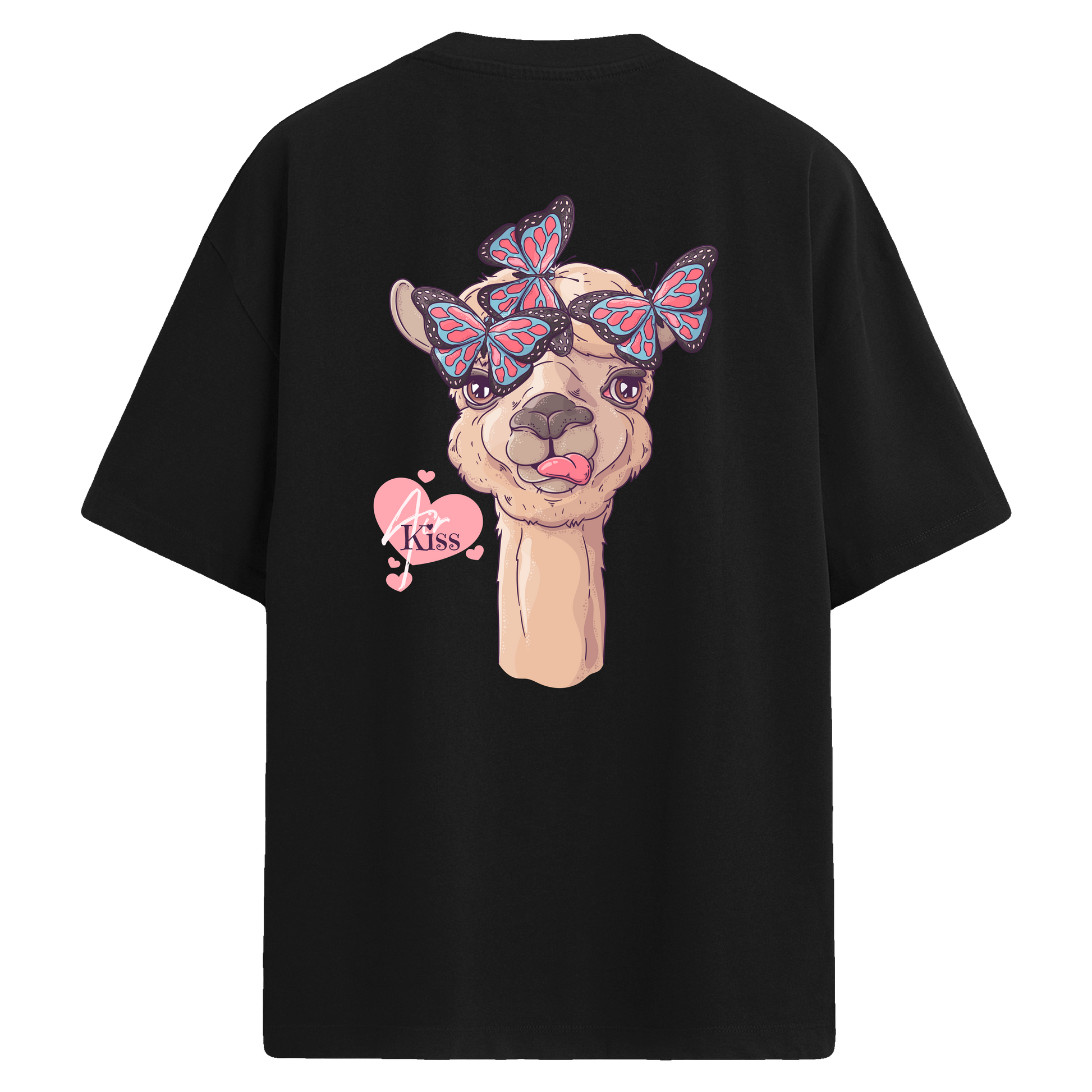 Sırt baskılı oversize tişört üzerinde kelebek ve lama illüstrasyonu