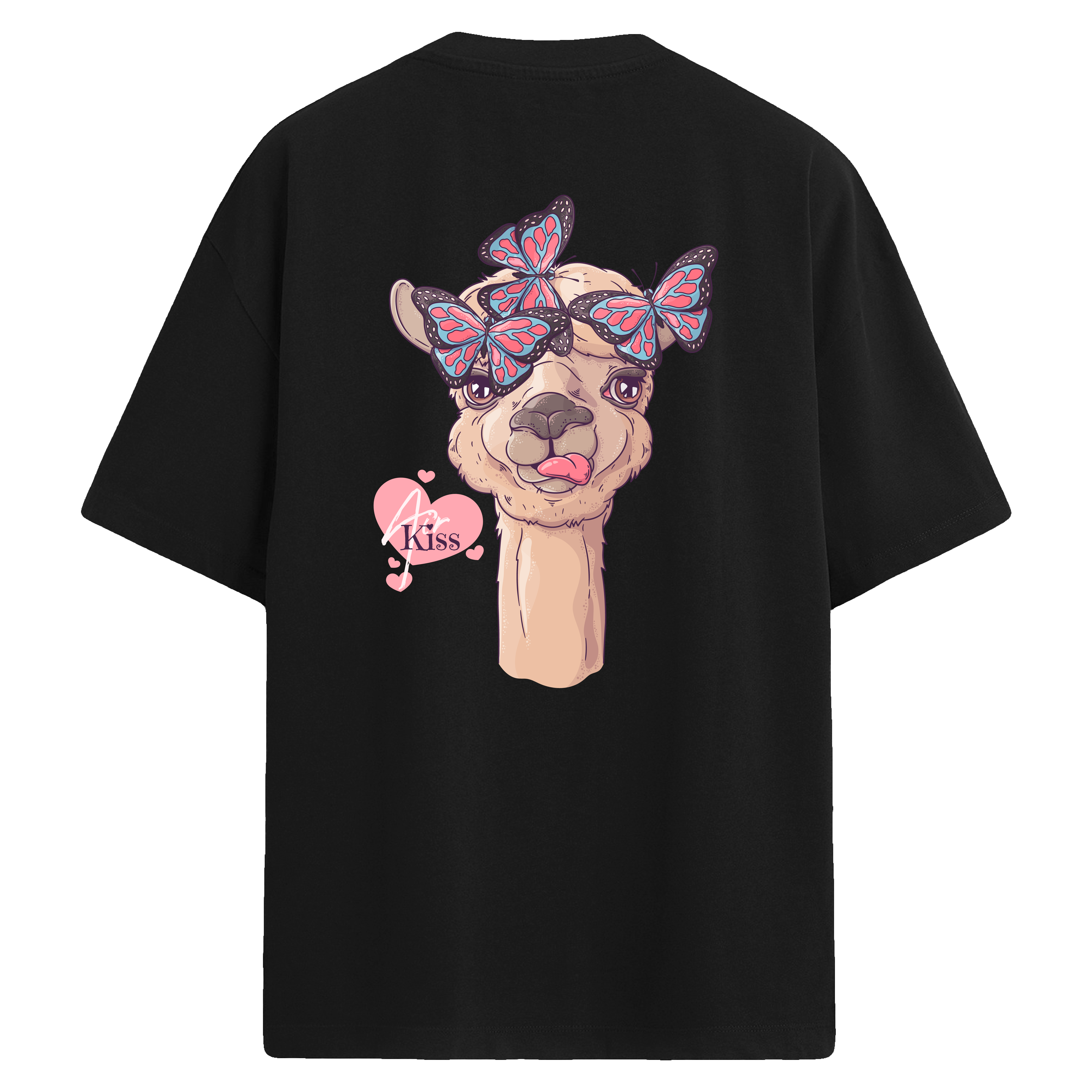 Sırt baskılı oversize tişört üzerinde kelebek ve lama illüstrasyonu